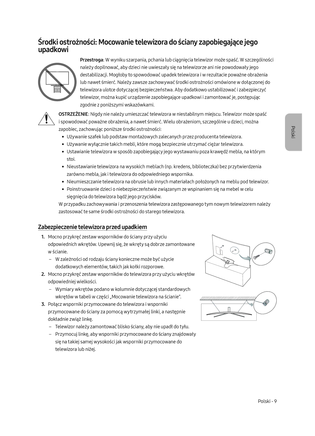 Samsung UE49MU6292UXXH, UE55MU6222KXXH, UE49MU6222KXXH, UE65MU6222KXXH manual Zabezpieczenie telewizora przed upadkiem 