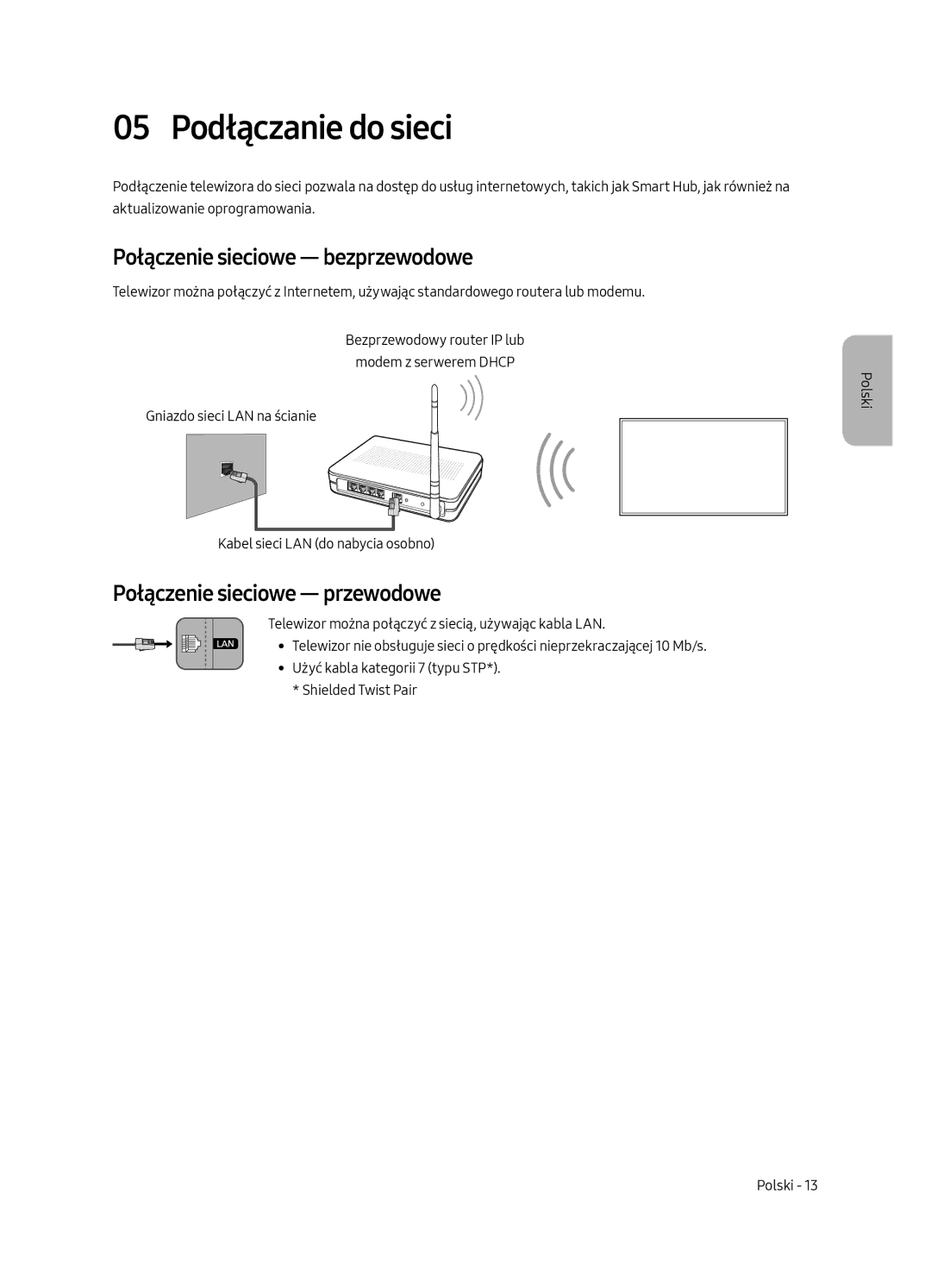 Samsung UE55MU6292UXXH manual 05 Podłączanie do sieci, Połączenie sieciowe bezprzewodowe, Połączenie sieciowe przewodowe 