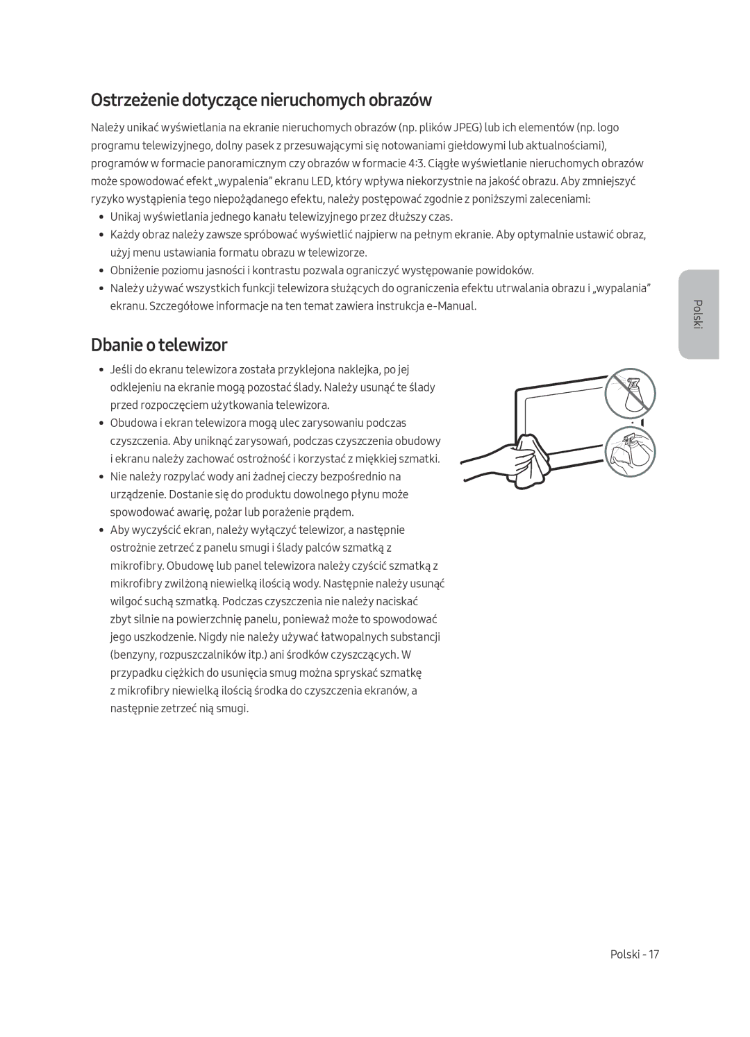 Samsung UE65MU6222KXXH, UE55MU6222KXXH, UE49MU6222KXXH manual Ostrzeżenie dotyczące nieruchomych obrazów, Dbanie o telewizor 