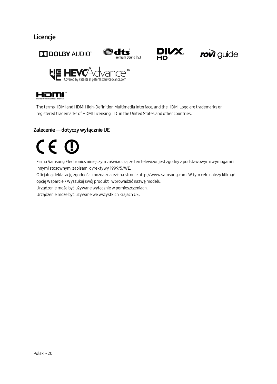 Samsung UE55MU6222KXXH, UE49MU6222KXXH, UE65MU6222KXXH, UE55MU6292UXXH manual Licencje, Zalecenie dotyczy wyłącznie UE 