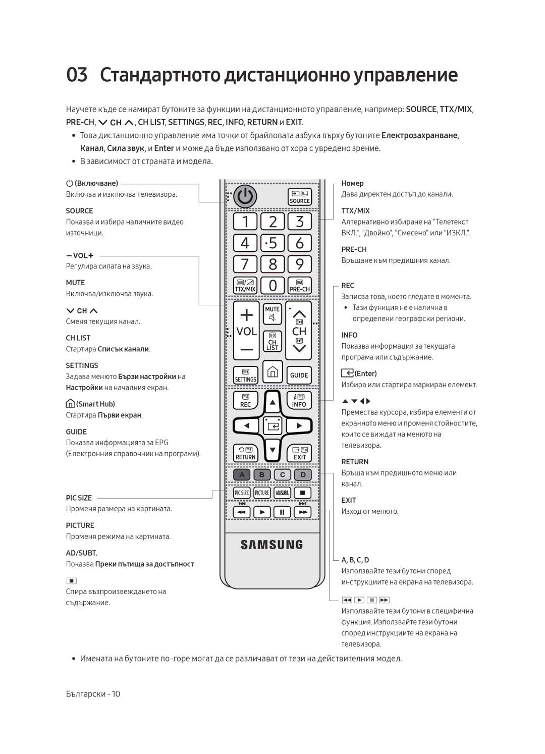 Samsung UE55MU6222KXXH, UE49MU6222KXXH manual 03 Стандартното дистанционно управление, Зависимост от страната и модела 