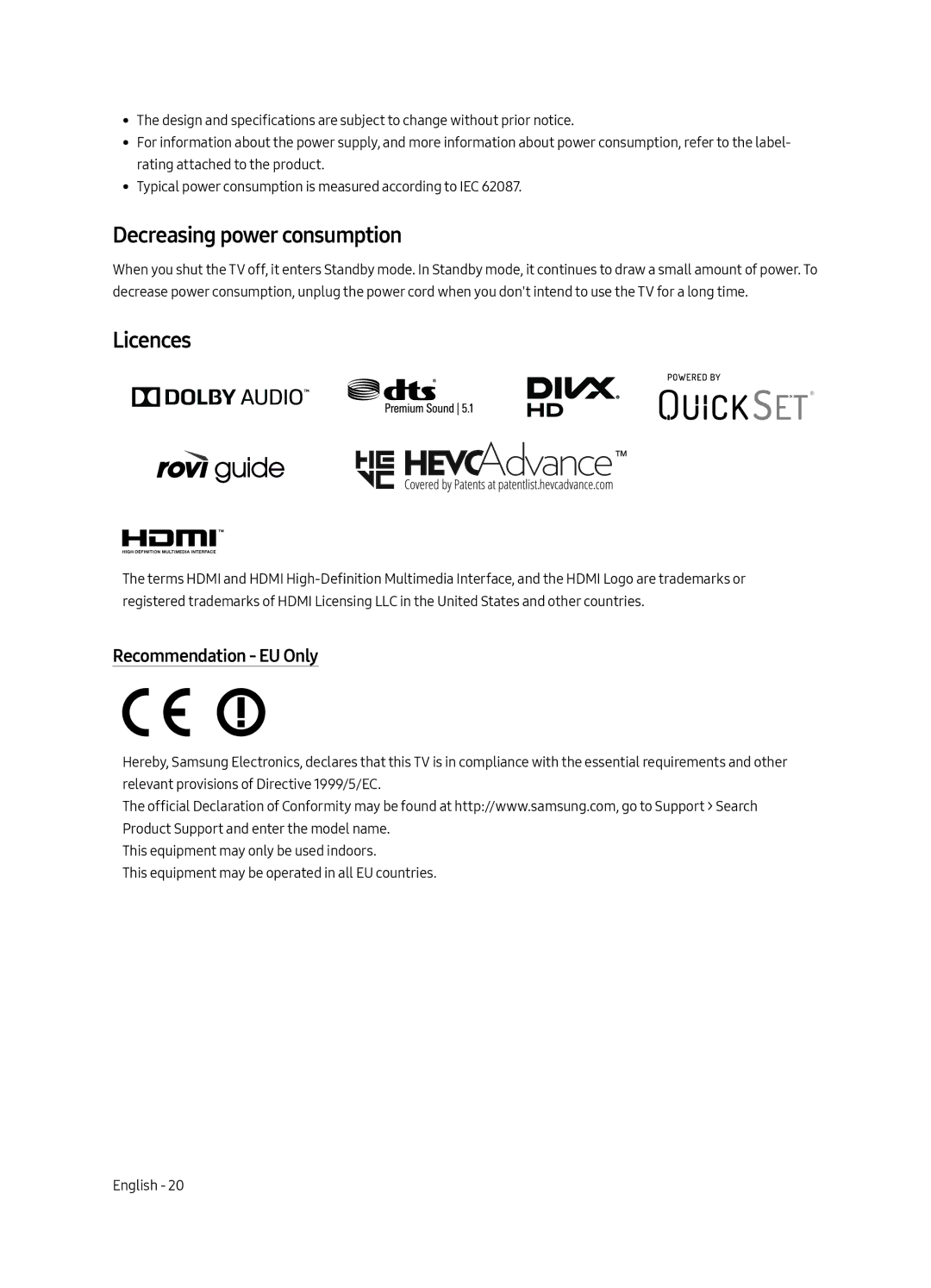 Samsung UE55MU6450UXZT, UE65MU6450UXZT, UE40MU6450UXZT manual Decreasing power consumption, Licences, Recommendation EU Only 