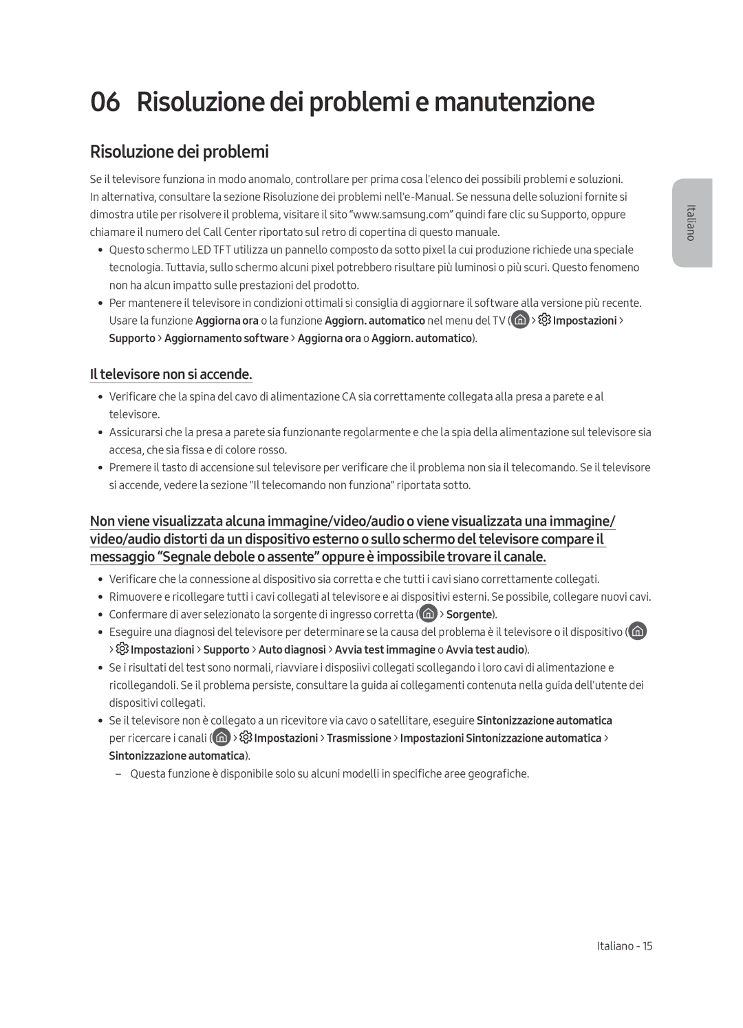 Samsung UE49MU6450UXZT, UE55MU6450UXZT, UE65MU6450UXZT manual Risoluzione dei problemi, Il televisore non si accende 