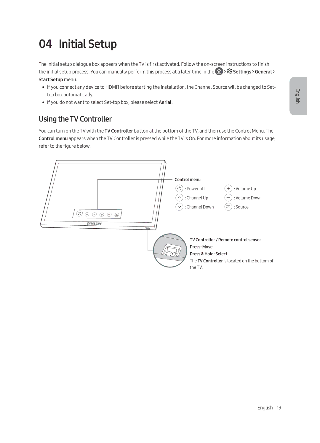 Samsung UE65MU6500UXRU, UE55MU6500UXRU, UE49MU6500UXRU manual Initial Setup, Using the TV Controller 