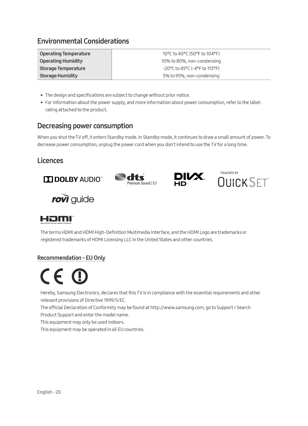 Samsung UE55MU6500UXRU manual Environmental Considerations, Decreasing power consumption, Licences, Recommendation EU Only 