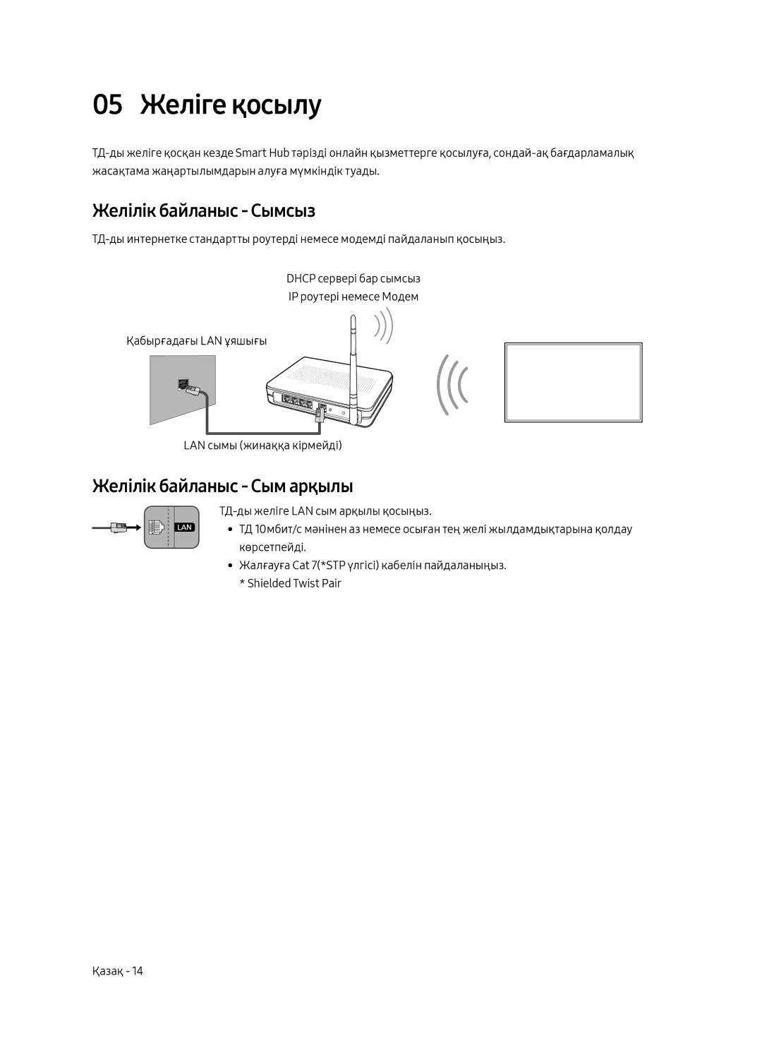 Samsung UE65MU6500UXRU, UE55MU6500UXRU manual 05 Желіге қосылу, Желілік байланыс Сымсыз, Желілік байланыс Сым арқылы 