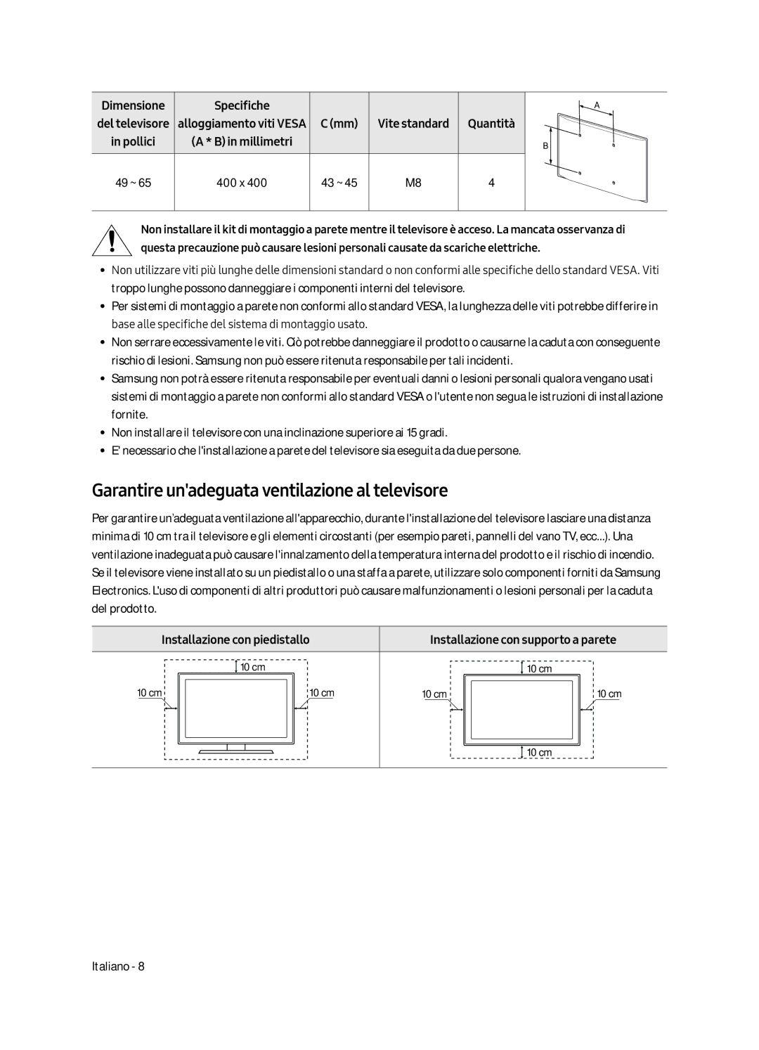 Samsung UE65MU6500UXZT, UE55MU6500UXZT manual Garantire unadeguata ventilazione al televisore, Installazione con piedistallo 