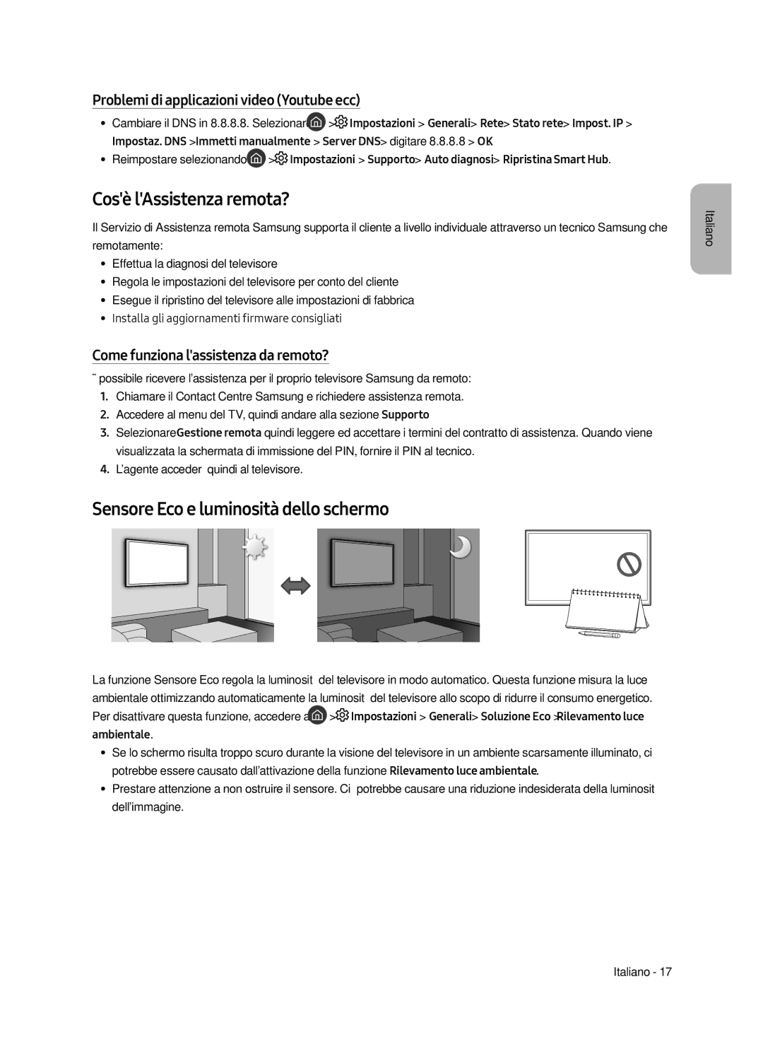 Samsung UE65MU6500UXZT, UE55MU6500UXZT, UE49MU6500UXZT Cosè lAssistenza remota?, Sensore Eco e luminosità dello schermo 