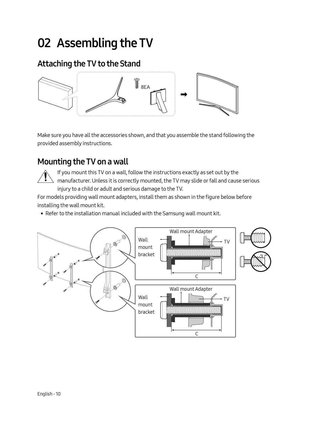 Samsung UE65MU6500UXZT, UE55MU6500UXZT manual Assembling the TV, Attaching the TV to the Stand, Mounting the TV on a wall 