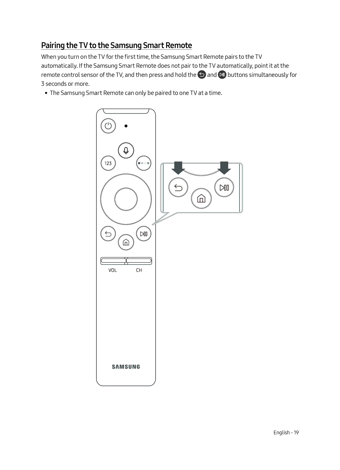 Samsung UE65MU6500UXZT, UE55MU6500UXZT, UE49MU6500UXZT, UE65MU6500UXXU manual Pairing the TV to the Samsung Smart Remote 