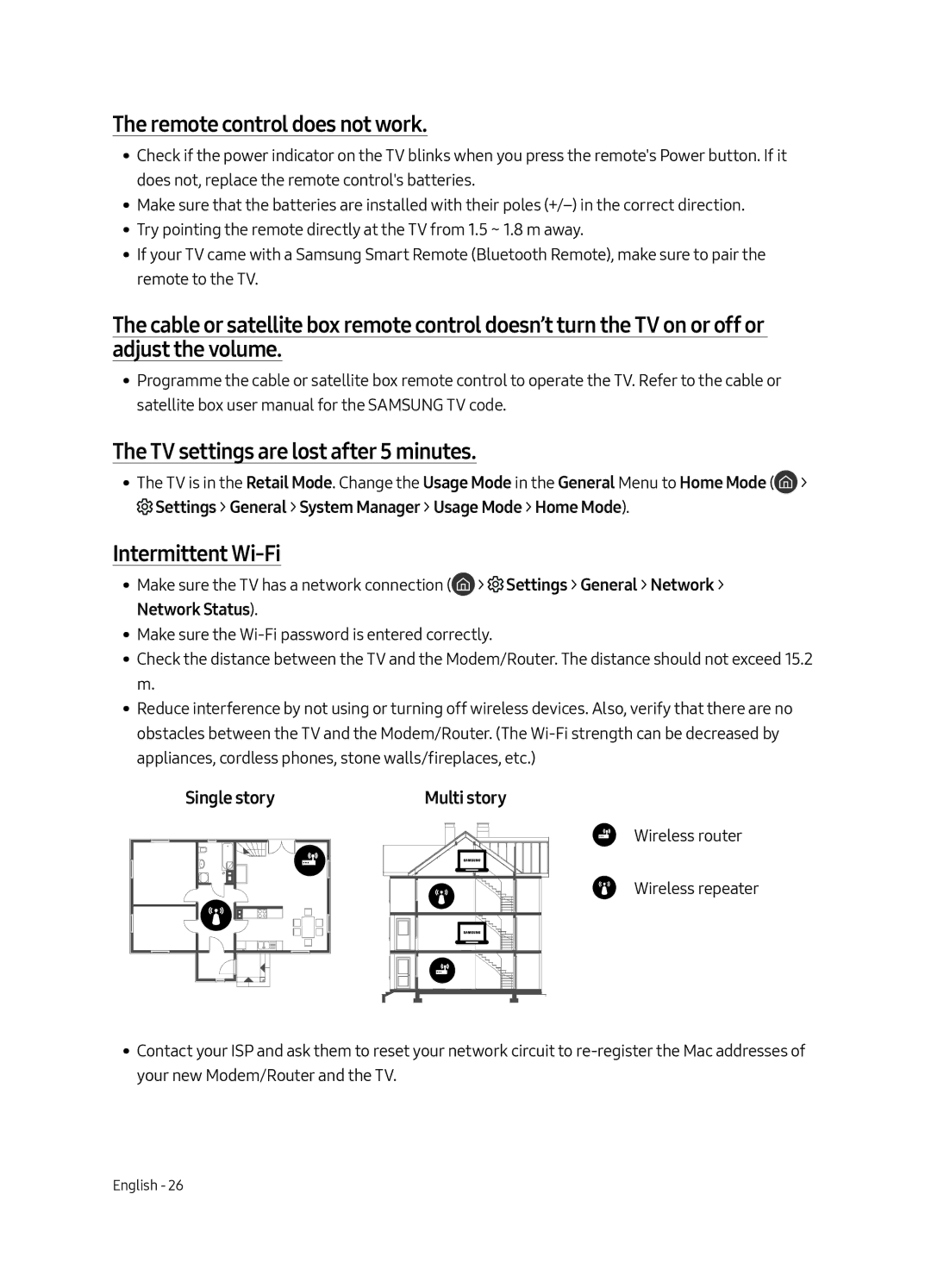 Samsung UE49MU6500UXZG, UE55MU6500UXZT, UE65MU6500UXZT, UE49MU6500UXZT manual Remote control does not work, Intermittent Wi-Fi 