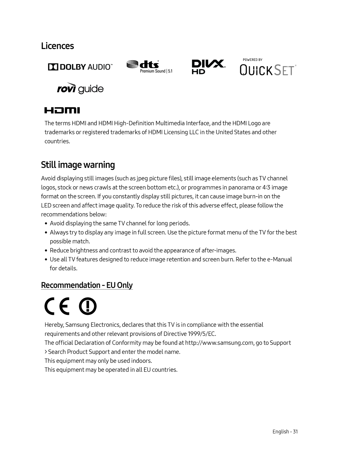 Samsung UE49MU6500UXXU, UE55MU6500UXZT, UE65MU6500UXZT, UE49MU6500UXZT Licences, Still image warning, Recommendation EU Only 