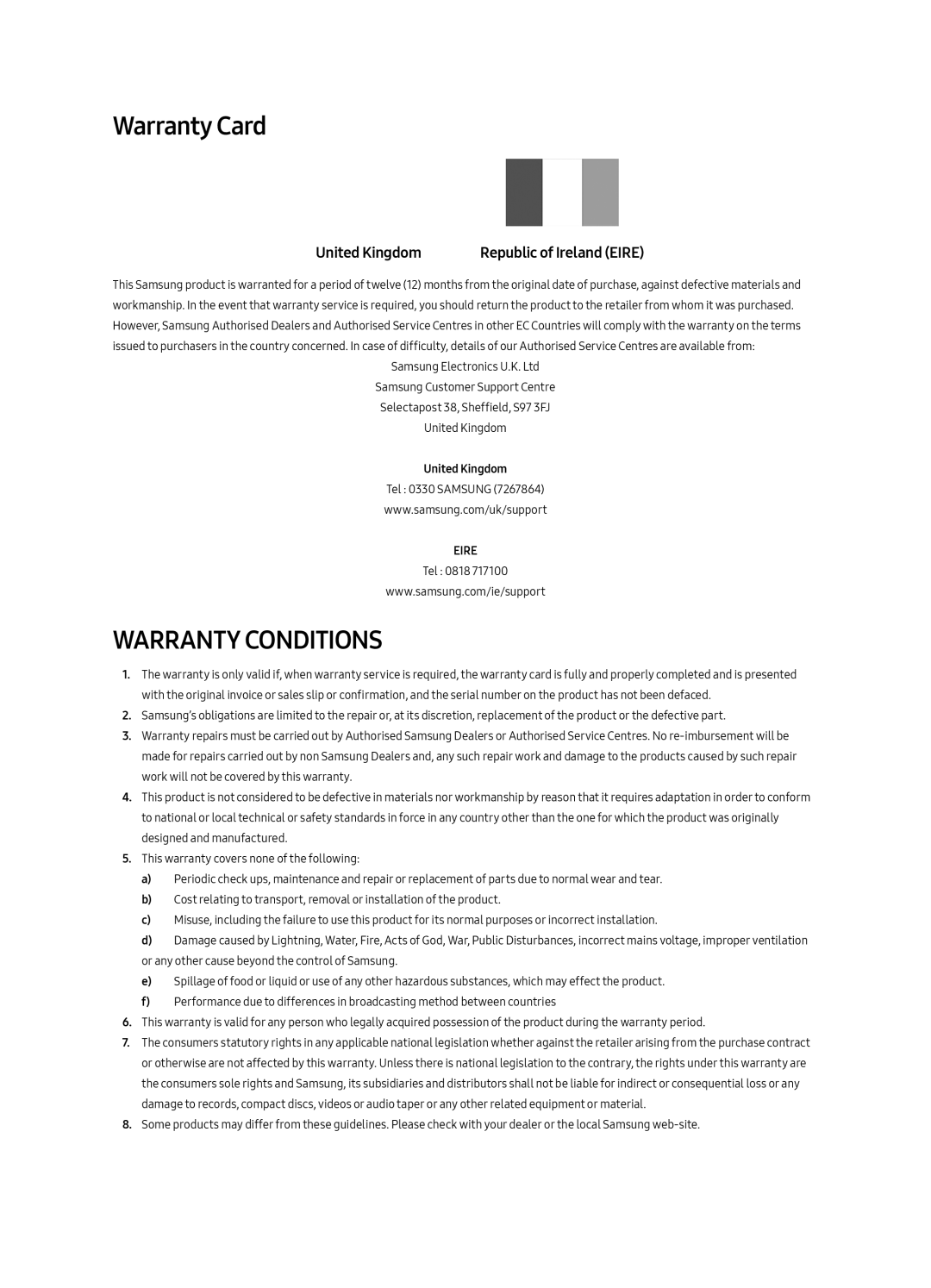 Samsung UE55MU6500UXXU, UE55MU6500UXZT, UE65MU6500UXZT, UE49MU6500UXZT, UE65MU6500UXXU manual Warranty Card, United Kingdom 