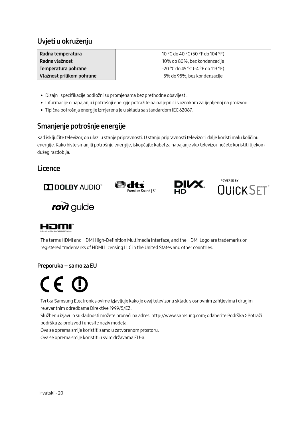 Samsung UE49MU6652UXXH, UE55MU6652UXXH Uvjeti u okruženju, Smanjenje potrošnje energije, Licence, Preporuka samo za EU 