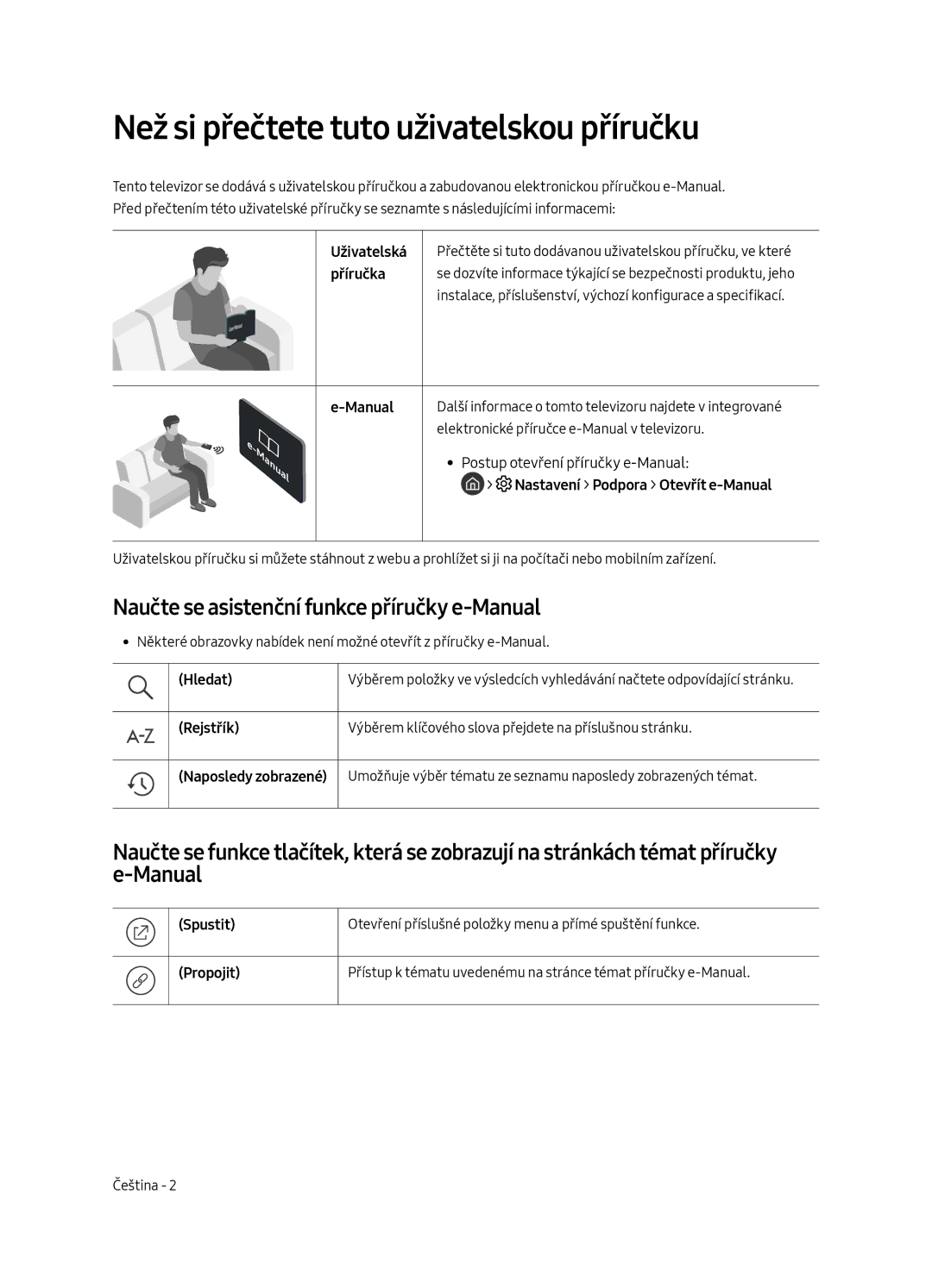 Samsung UE49MU6672UXXH manual Než si přečtete tuto uživatelskou příručku, Naučte se asistenční funkce příručky e-Manual 