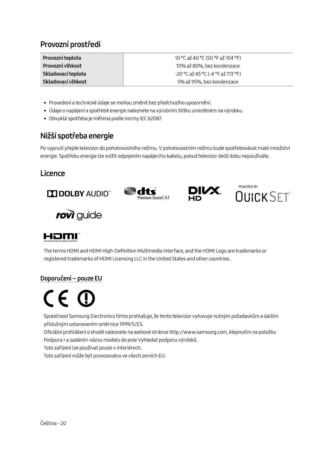 Samsung UE49MU6672UXXH, UE55MU6652UXXH, UE49MU6642UXXH manual Provozní prostředí, Nižší spotřeba energie, Doporučení pouze EU 