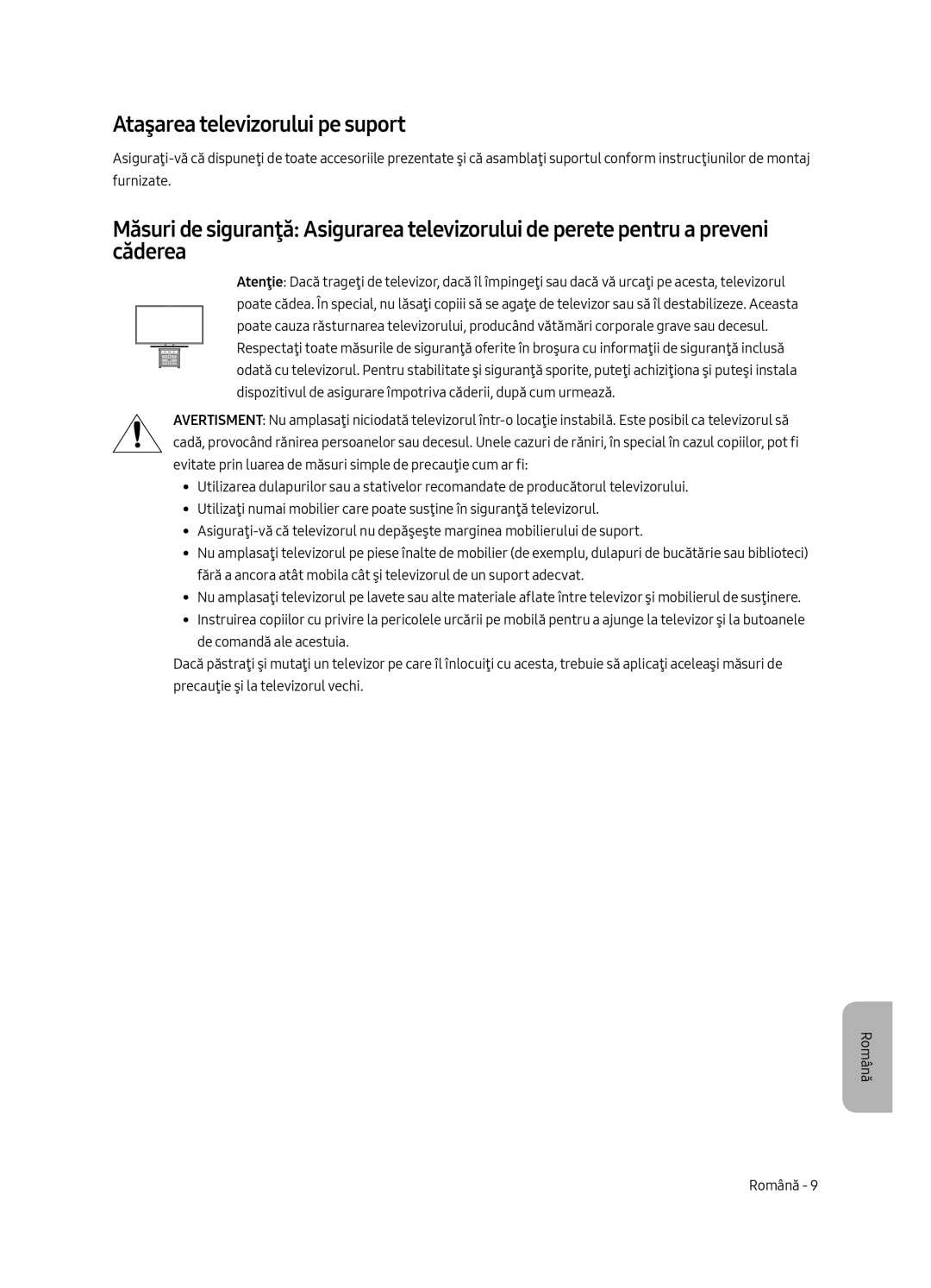 Samsung UE65MU6652UXXH, UE55MU6652UXXH, UE49MU6642UXXH, UE55MU6642UXXH, UE49MU6652UXXH manual Ataşarea televizorului pe suport 