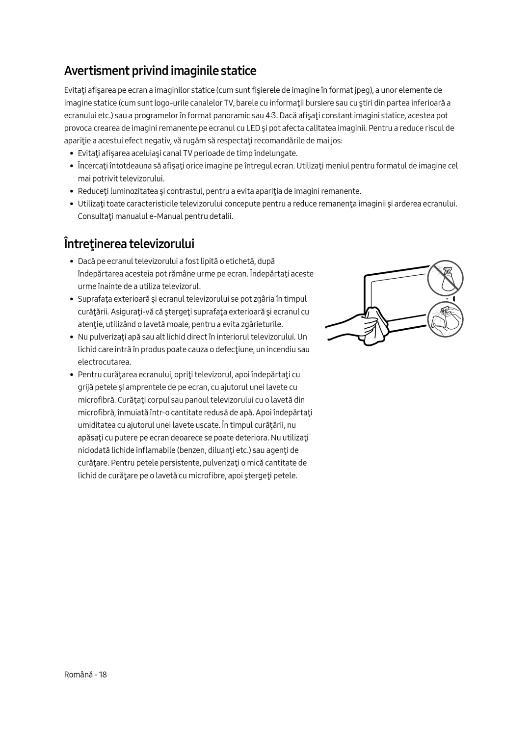 Samsung UE65MU6652UXXH, UE55MU6652UXXH, UE49MU6642UXXH Avertisment privind imaginile statice, Întreţinerea televizorului 