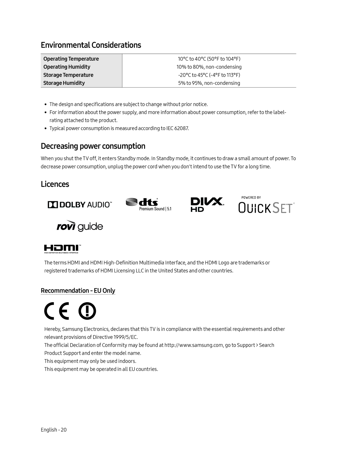 Samsung UE55MU6642UXXH manual Environmental Considerations, Decreasing power consumption, Licences, Recommendation EU Only 