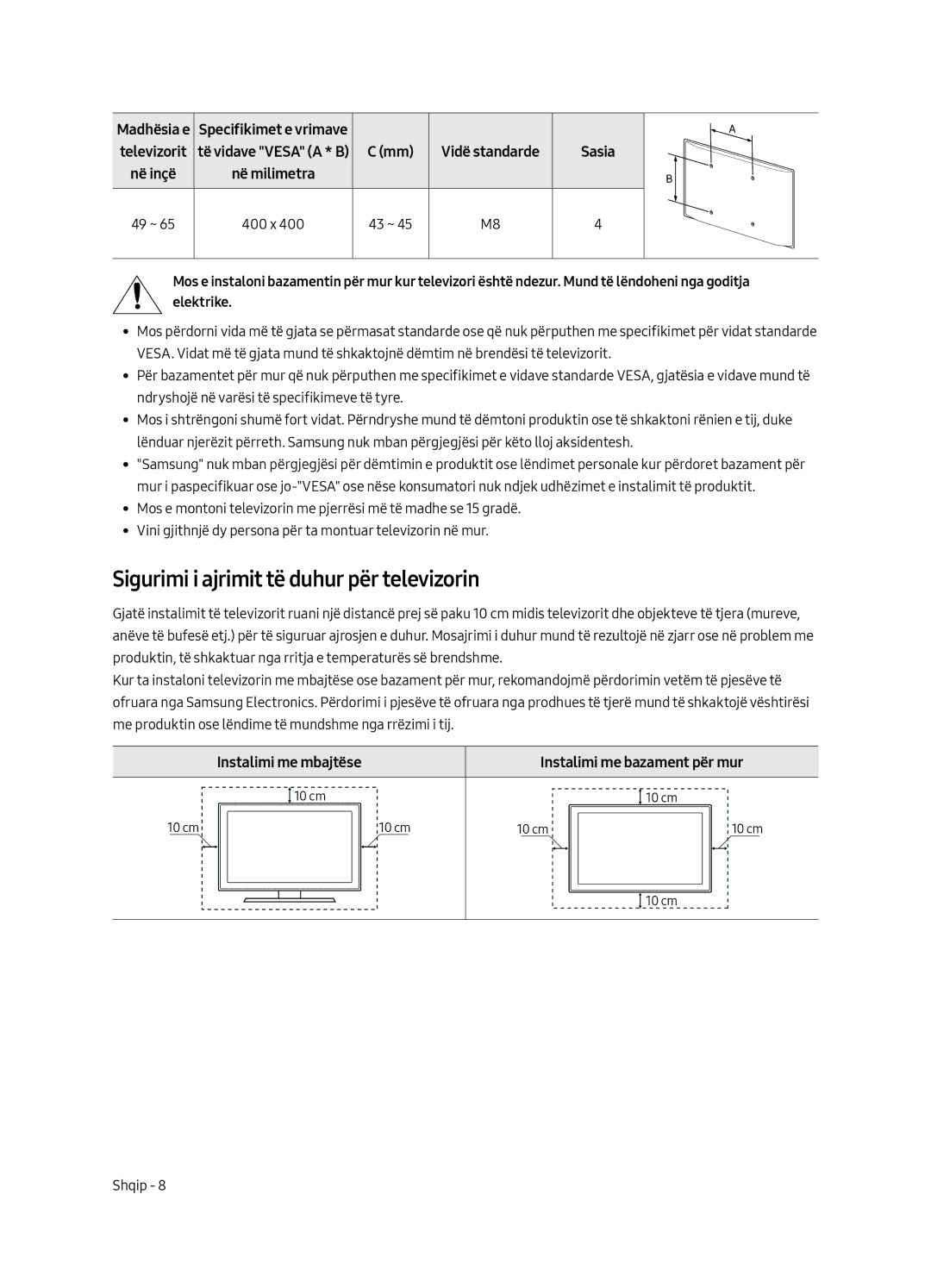 Samsung UE49MU6642UXXH manual Sigurimi i ajrimit të duhur për televizorin, Madhësia e Specifikimet e vrimave, Në milimetra 