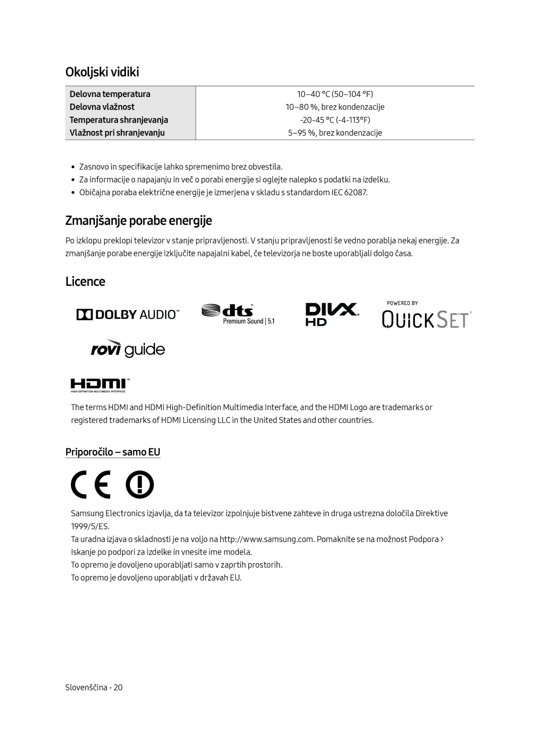 Samsung UE65MU6642UXXH, UE55MU6652UXXH, UE49MU6642UXXH Okoljski vidiki, Zmanjšanje porabe energije, Priporočilo samo EU 