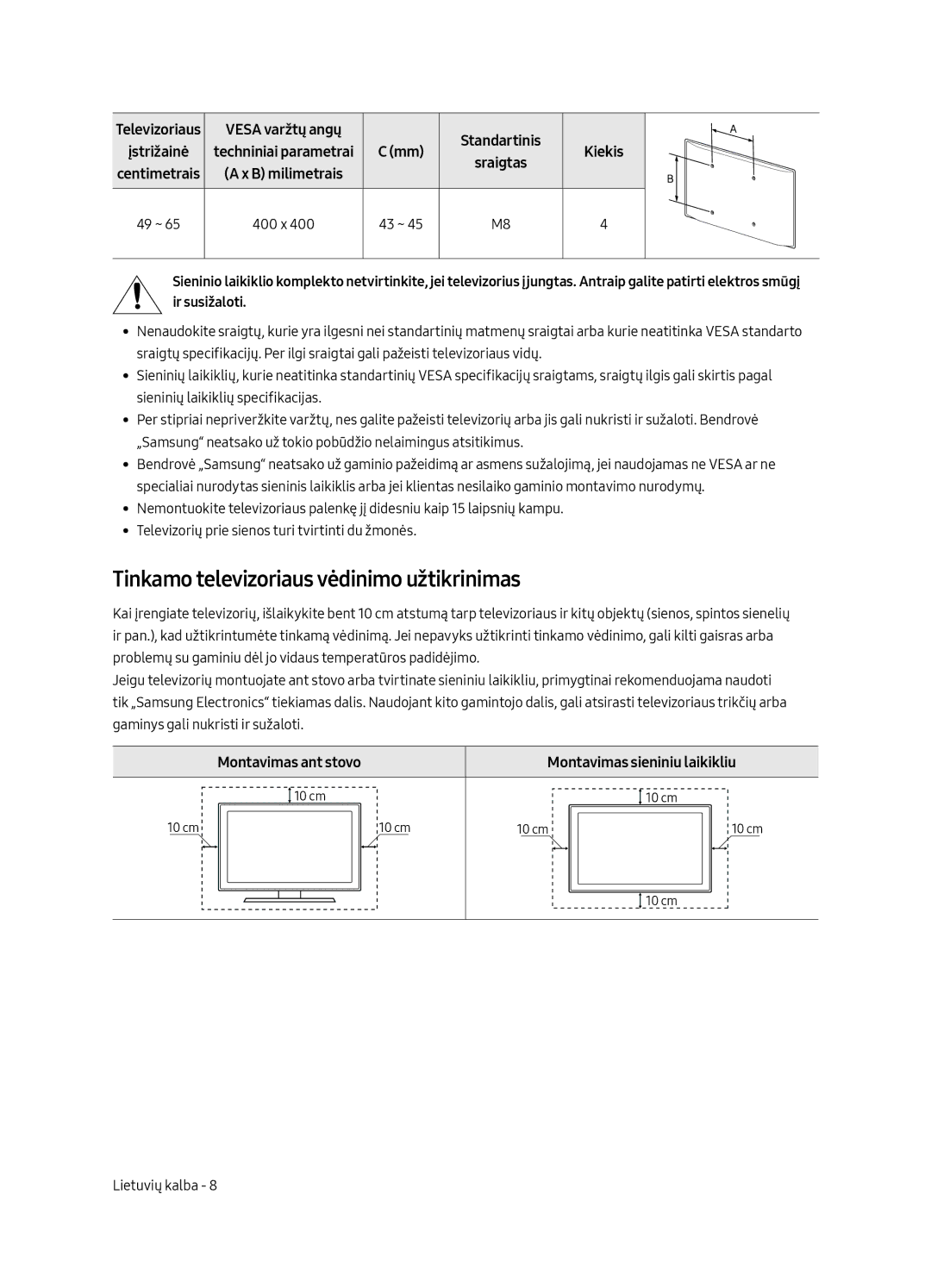 Samsung UE55MU6652UXXH, UE49MU6642UXXH manual Tinkamo televizoriaus vėdinimo užtikrinimas, Centimetrais a x B milimetrais 