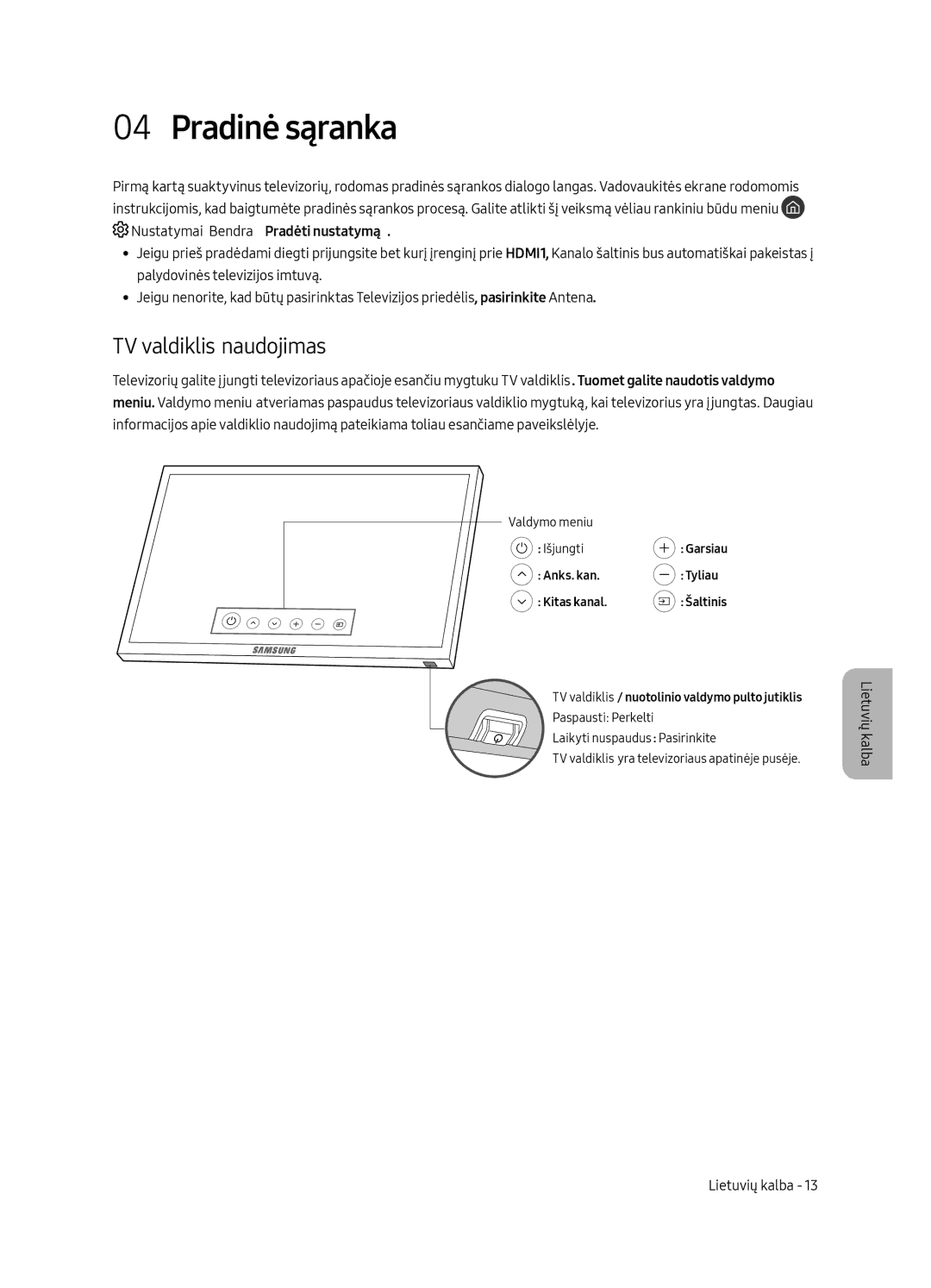 Samsung UE49MU6672UXXH, UE55MU6652UXXH, UE49MU6642UXXH, UE55MU6642UXXH manual Pradinė sąranka, TV valdiklis naudojimas 