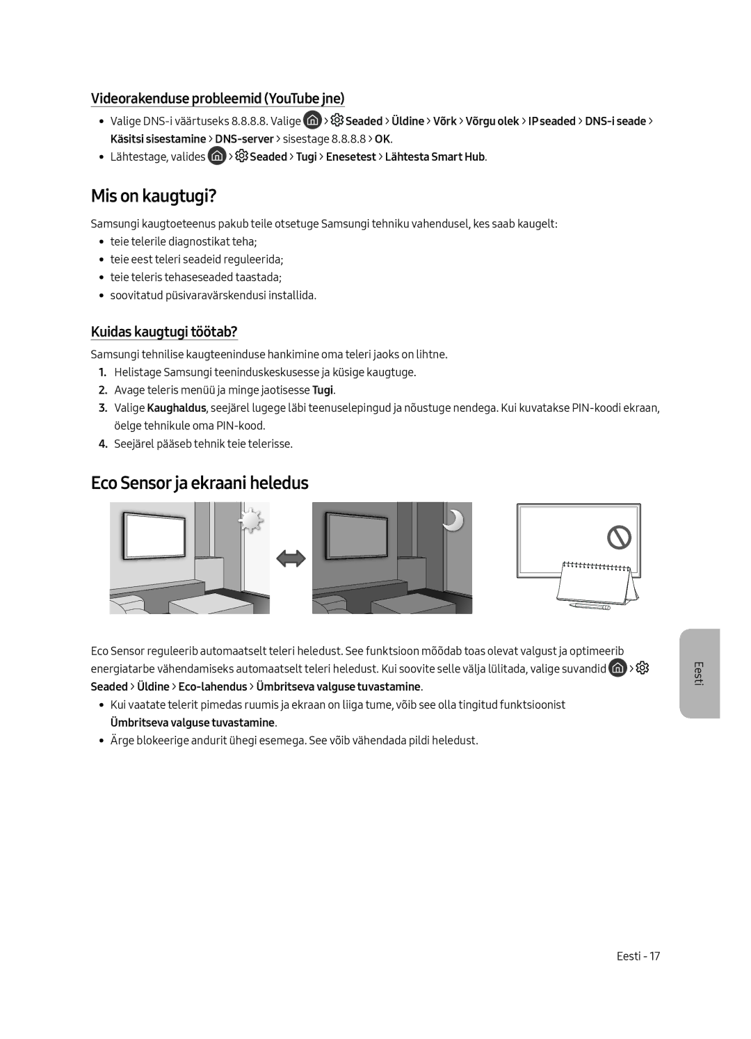 Samsung UE55MU6642UXXH manual Mis on kaugtugi?, Eco Sensor ja ekraani heledus, Videorakenduse probleemid YouTube jne 