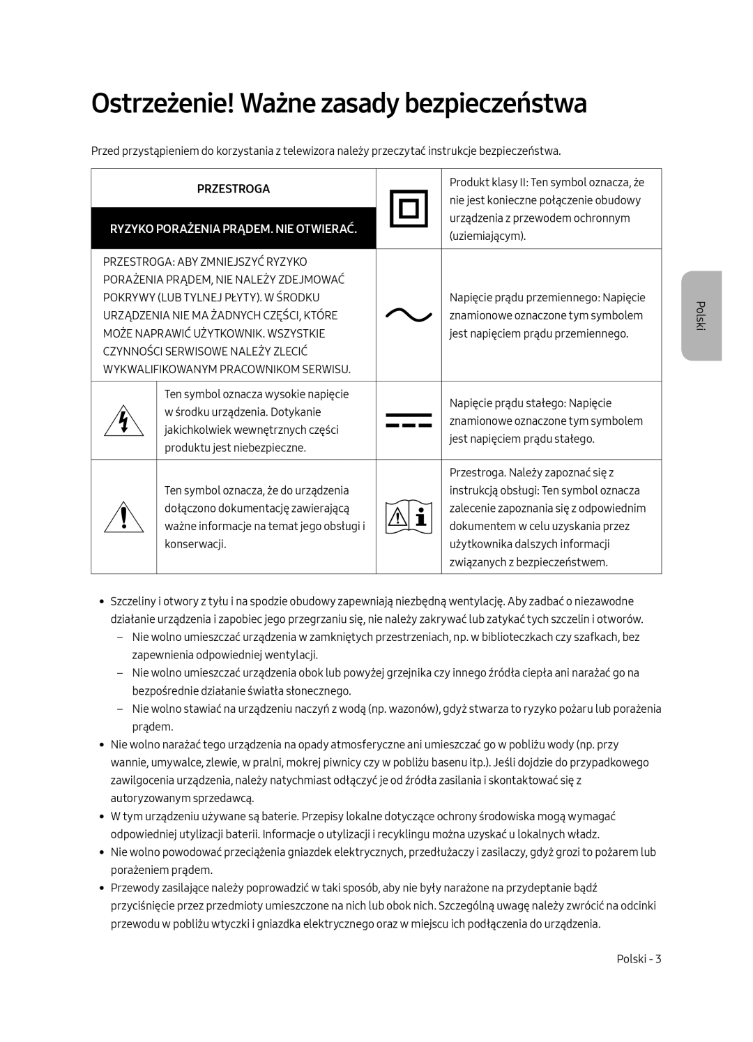 Samsung UE65MU6652UXXH, UE55MU6652UXXH, UE49MU6642UXXH, UE55MU6642UXXH Ostrzeżenie! Ważne zasady bezpieczeństwa, Przestroga 