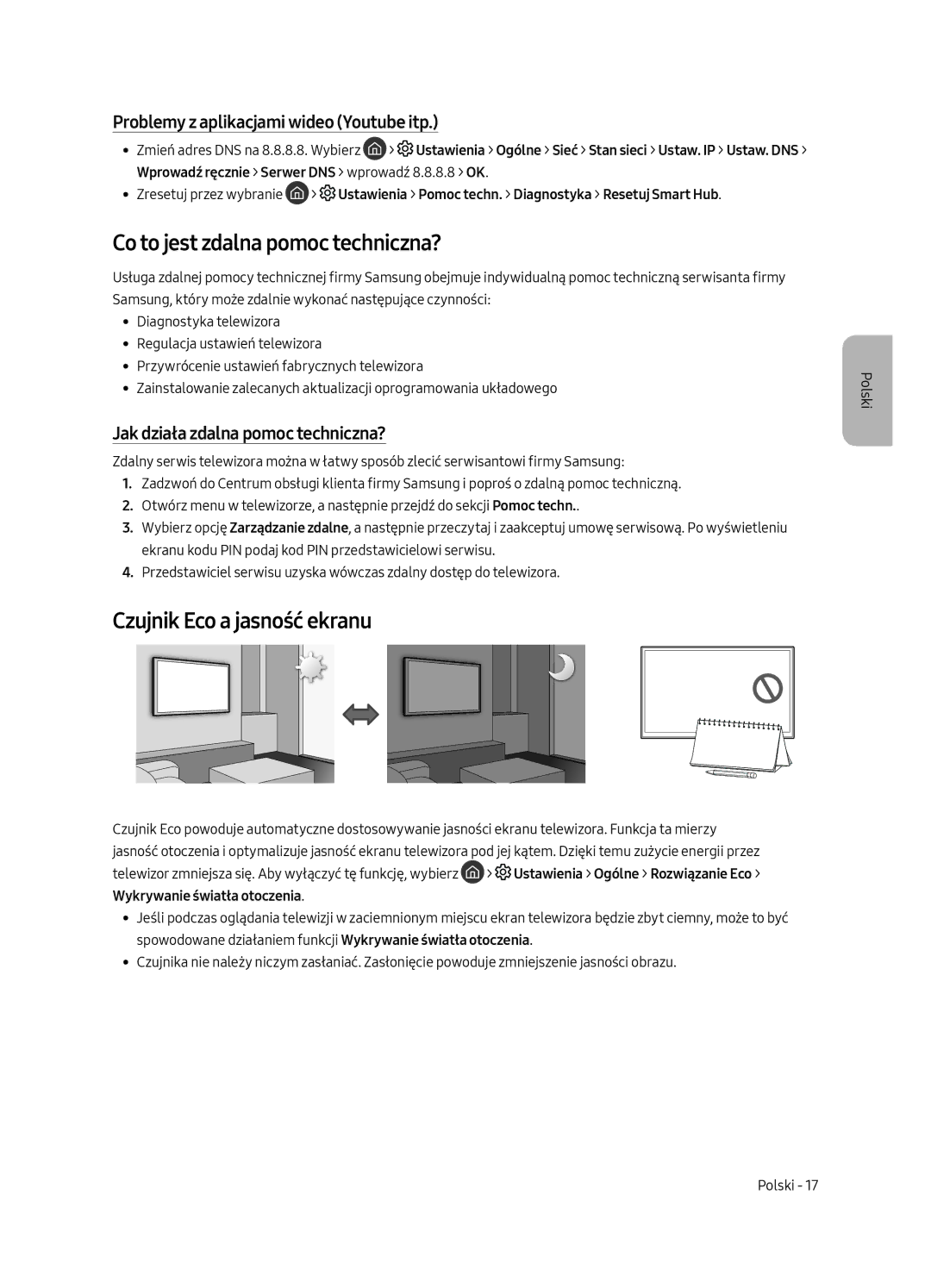 Samsung UE49MU6652UXXH, UE55MU6652UXXH, UE49MU6642UXXH Co to jest zdalna pomoc techniczna?, Czujnik Eco a jasność ekranu 