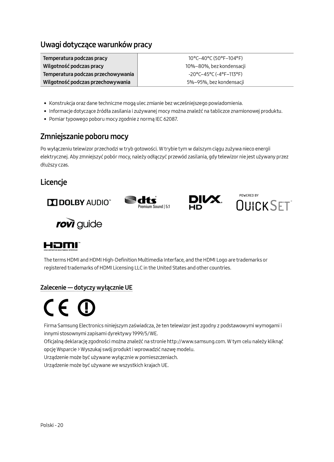 Samsung UE65MU6672UXXH Uwagi dotyczące warunków pracy, Zmniejszanie poboru mocy, Licencje, Zalecenie dotyczy wyłącznie UE 