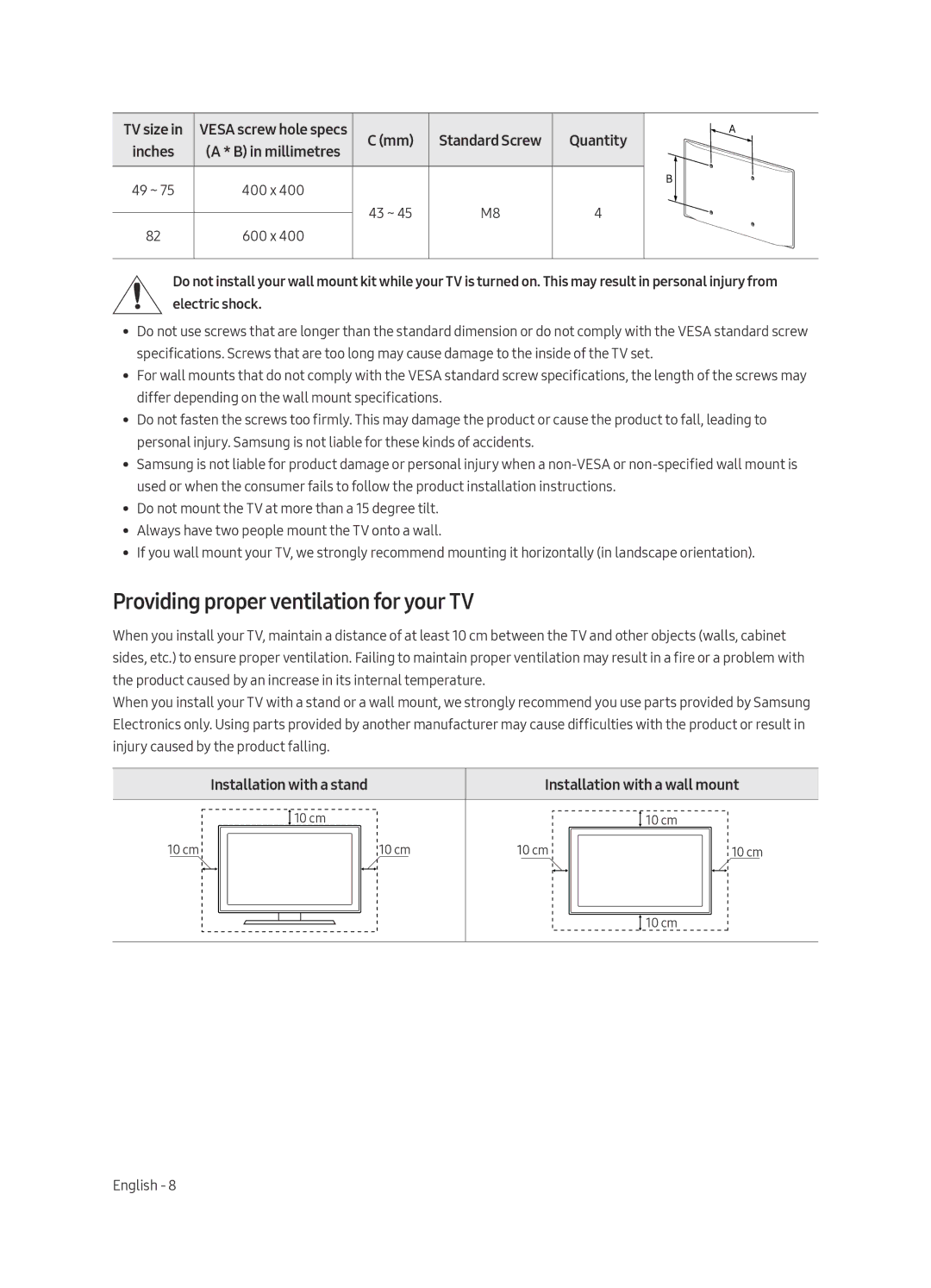 Samsung UE49MU7000UXRU, UE55MU7000UXRU, UE65MU7000UXRU manual Providing proper ventilation for your TV, Mm Standard Screw 