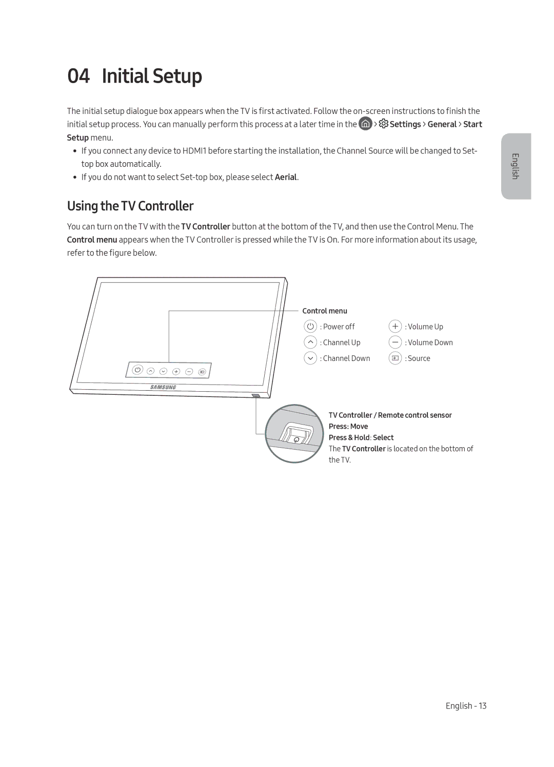 Samsung UE49MU7000UXRU, UE55MU7000UXRU, UE65MU7000UXRU, UE82MU7000UXRU, UE75MU7000UXRU Initial Setup, Using the TV Controller 