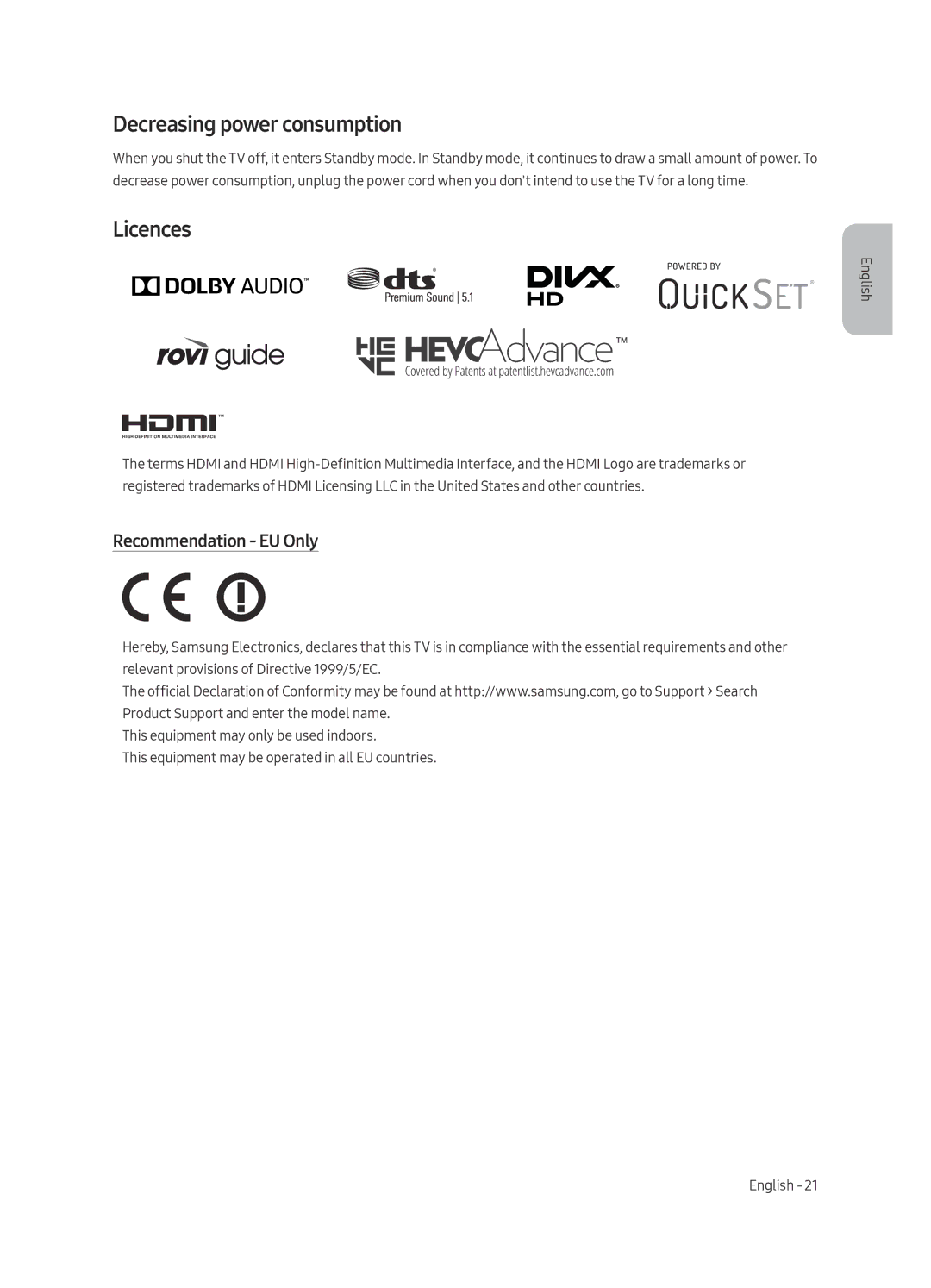 Samsung UE55MU7000UXRU, UE65MU7000UXRU, UE49MU7000UXRU manual Decreasing power consumption, Licences, Recommendation EU Only 