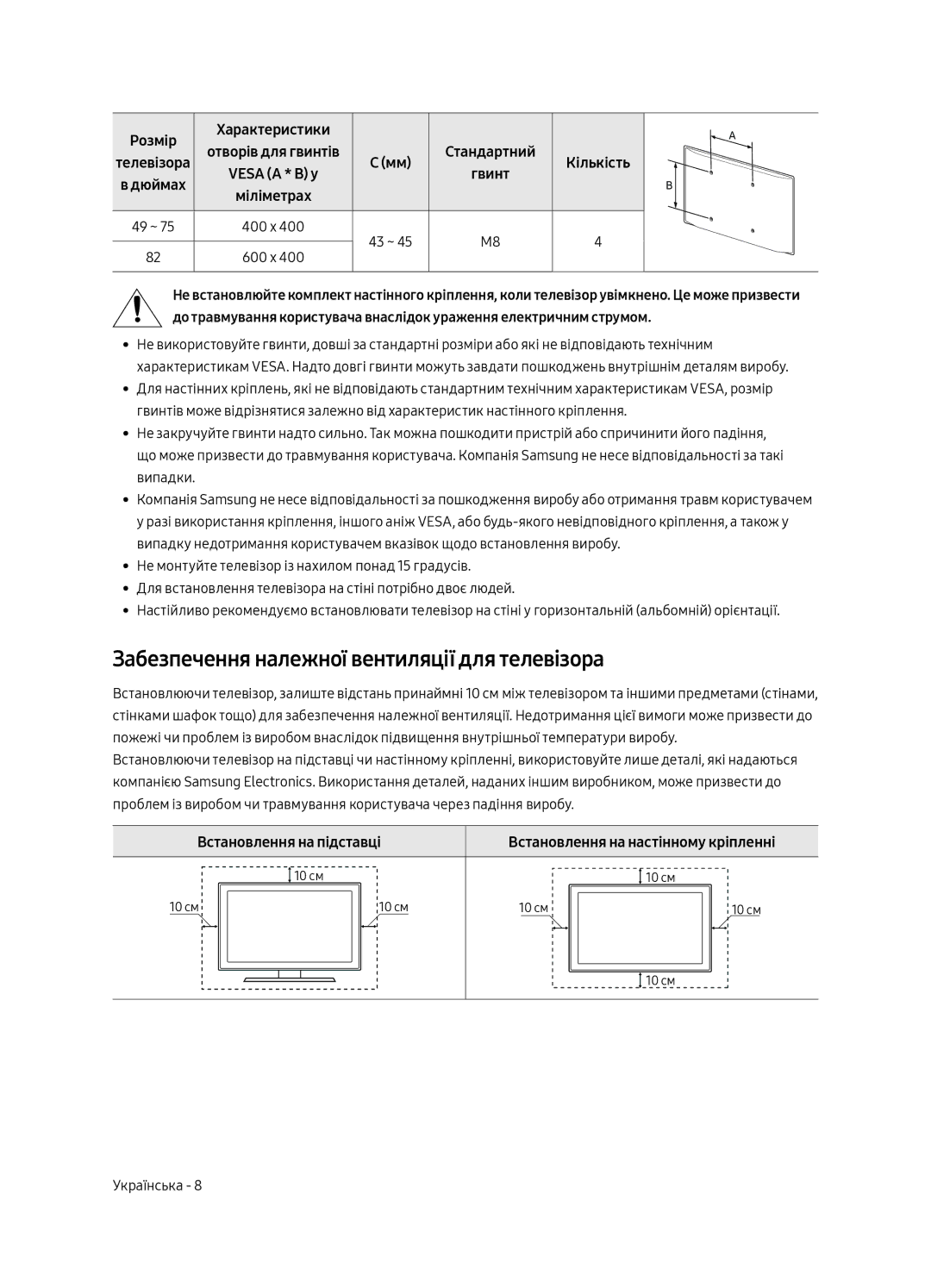 Samsung UE75MU7000UXRU, UE55MU7000UXRU manual Забезпечення належної вентиляції для телевізора, Встановлення на підставці 