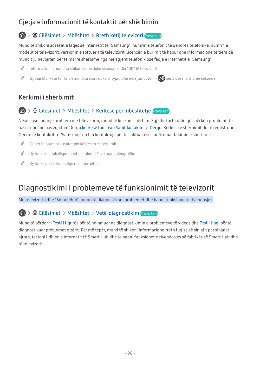 Samsung UE55MU6172UXXH, UE55MU7002TXXH, UE40MU6402UXXH manual Diagnostikimi i problemeve të funksionimit të televizorit 