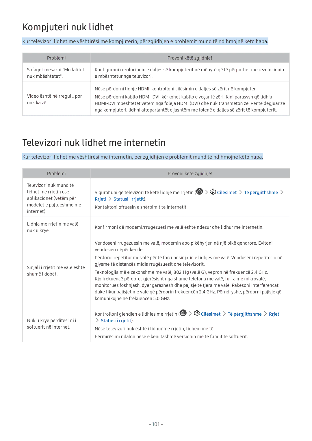 Samsung UE55MU6502UXXH, QE55Q7CAMTXXH Kompjuteri nuk lidhet, Televizori nuk lidhet me internetin, Rrjeti Statusi i rrjetit 