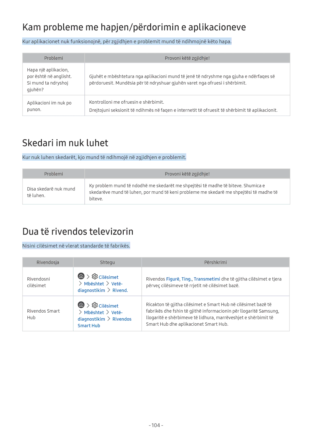 Samsung QE75Q7FAMTXXH Kam probleme me hapjen/përdorimin e aplikacioneve, Skedari im nuk luhet, Dua të rivendos televizorin 