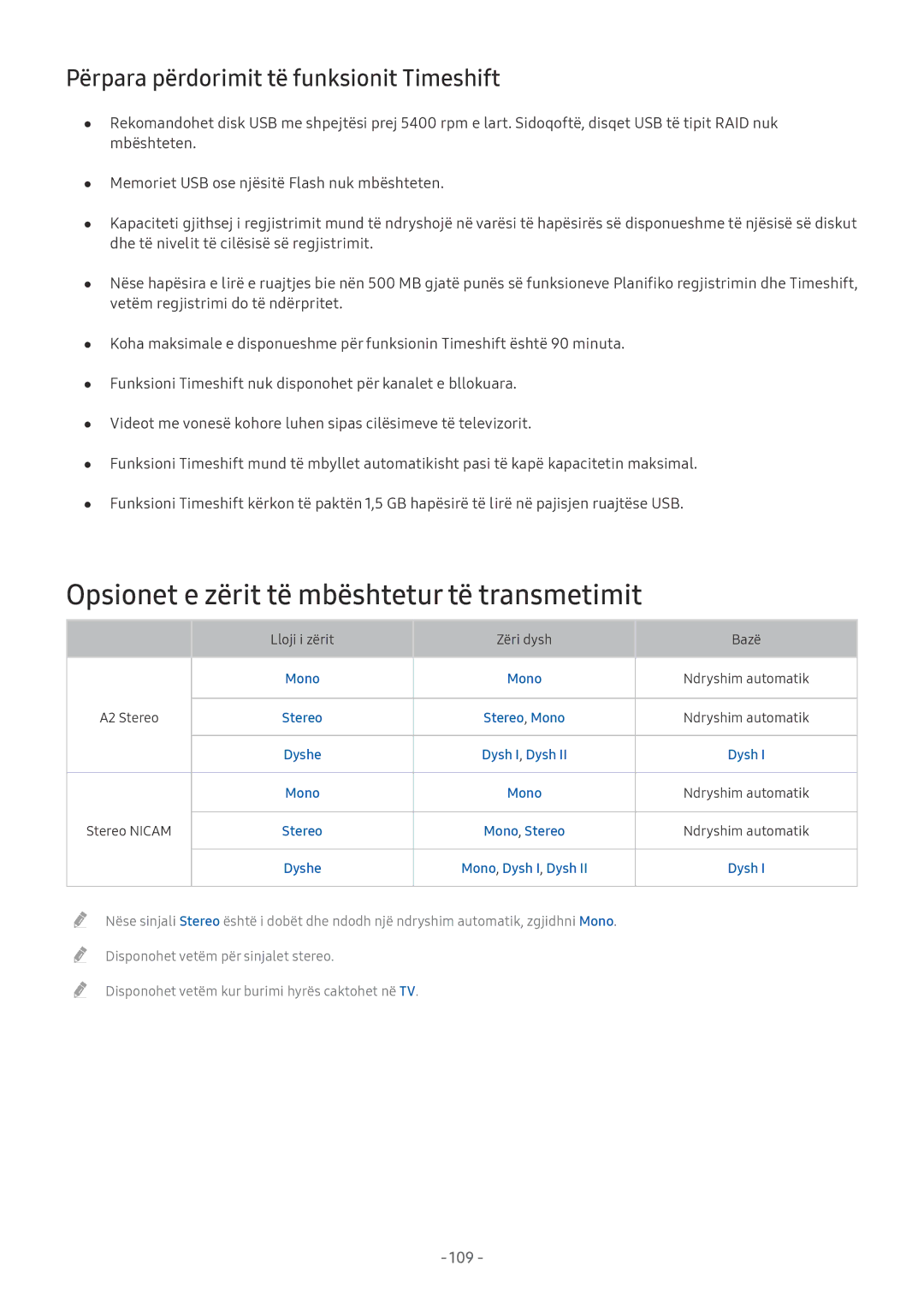 Samsung UE58MU6122KXXH manual Opsionet e zërit të mbështetur të transmetimit, Përpara përdorimit të funksionit Timeshift 