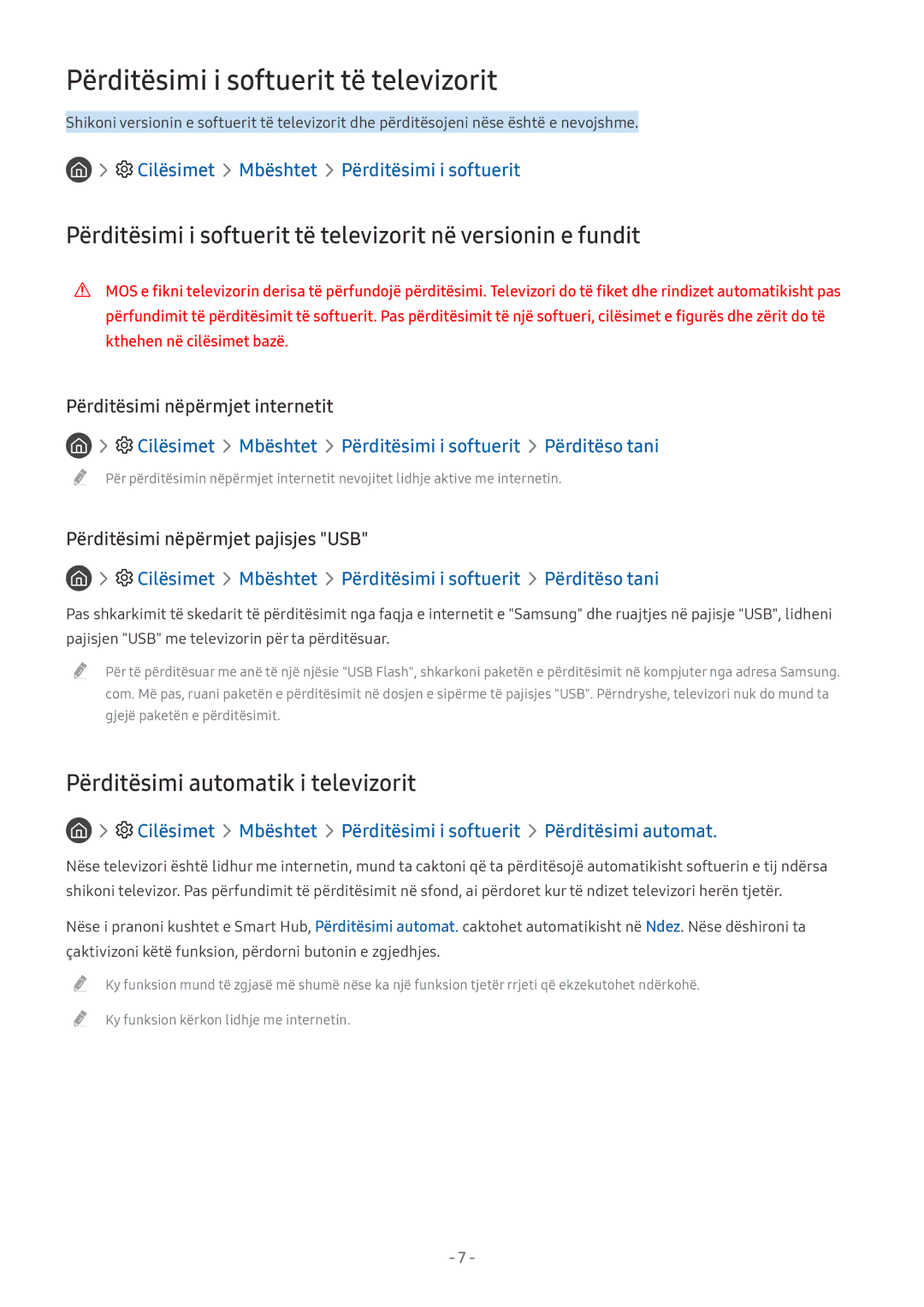 Samsung UE49MU6502UXXH, UE55MU7002TXXH manual Përditësimi i softuerit të televizorit, Përditësimi automatik i televizorit 