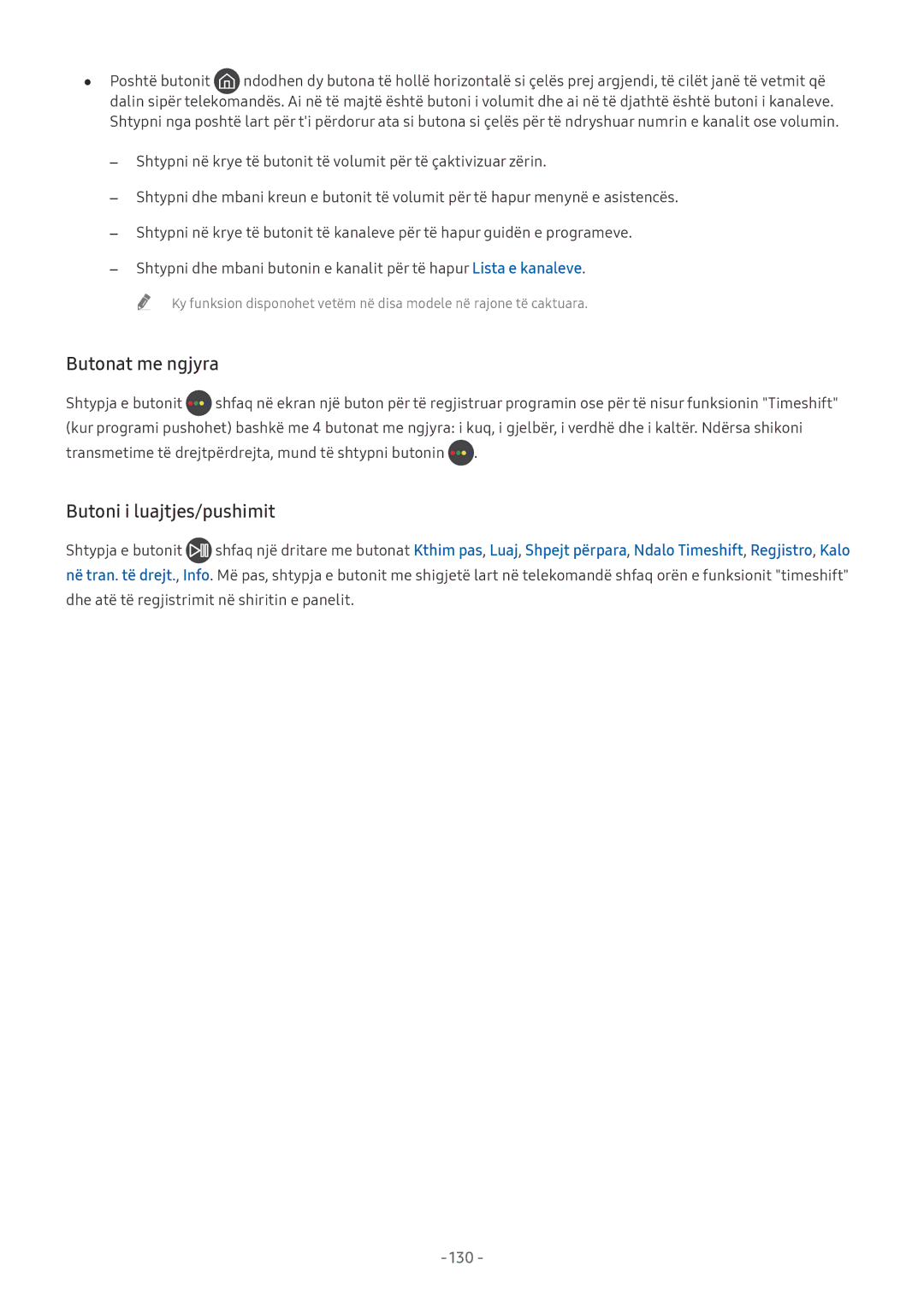 Samsung UE49MU6272UXXH, UE55MU7002TXXH, UE40MU6402UXXH, UE40MU6122KXXH manual Butonat me ngjyra, Butoni i luajtjes/pushimit 