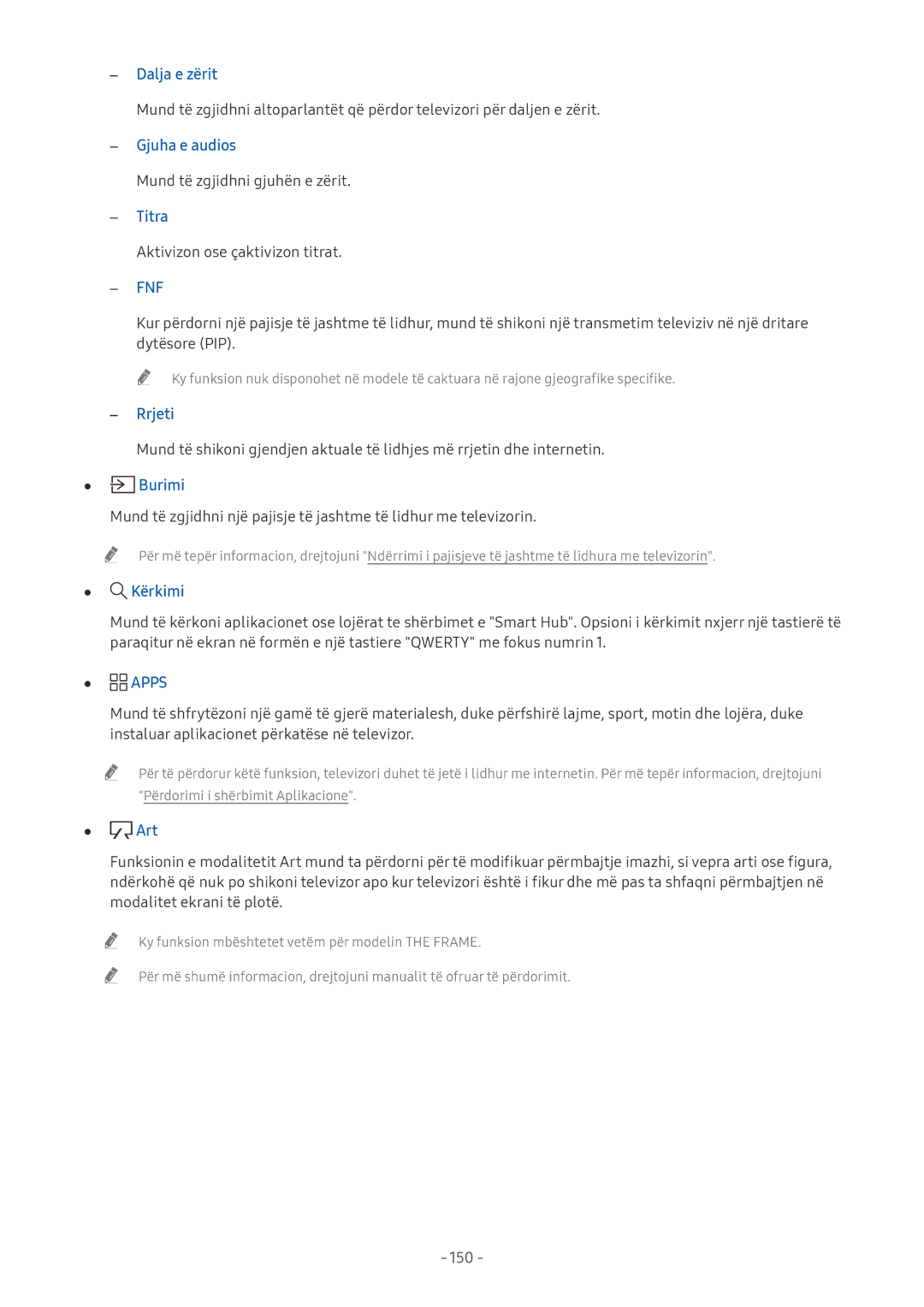 Samsung QE75Q7FAMTXXH, UE55MU7002TXXH, UE40MU6402UXXH, UE40MU6122KXXH, UE75MU8002TXXH manual Burimi, Kërkimi, Apps, Art 