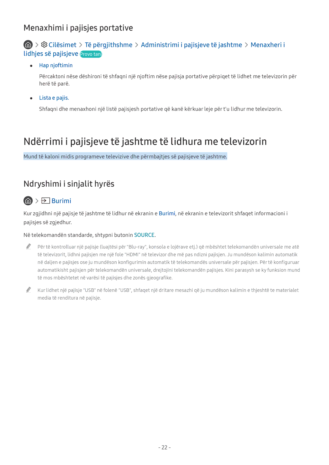 Samsung UE75MU6172UXXH manual Ndërrimi i pajisjeve të jashtme të lidhura me televizorin, Menaxhimi i pajisjes portative 