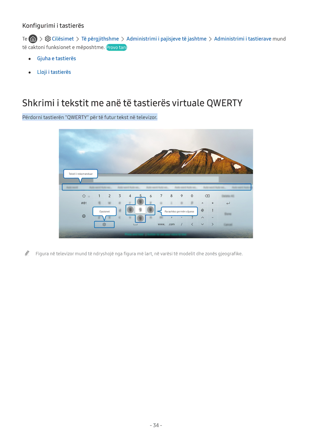 Samsung QE49Q7FAMTXXH, UE55MU7002TXXH manual Shkrimi i tekstit me anë të tastierës virtuale Qwerty, Konfigurimi i tastierës 