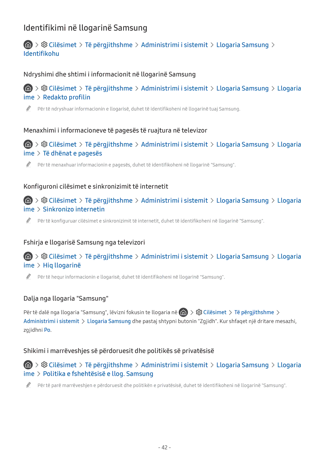 Samsung UE40MU6122KXXH manual Identifikimi në llogarinë Samsung, Ndryshimi dhe shtimi i informacionit në llogarinë Samsung 