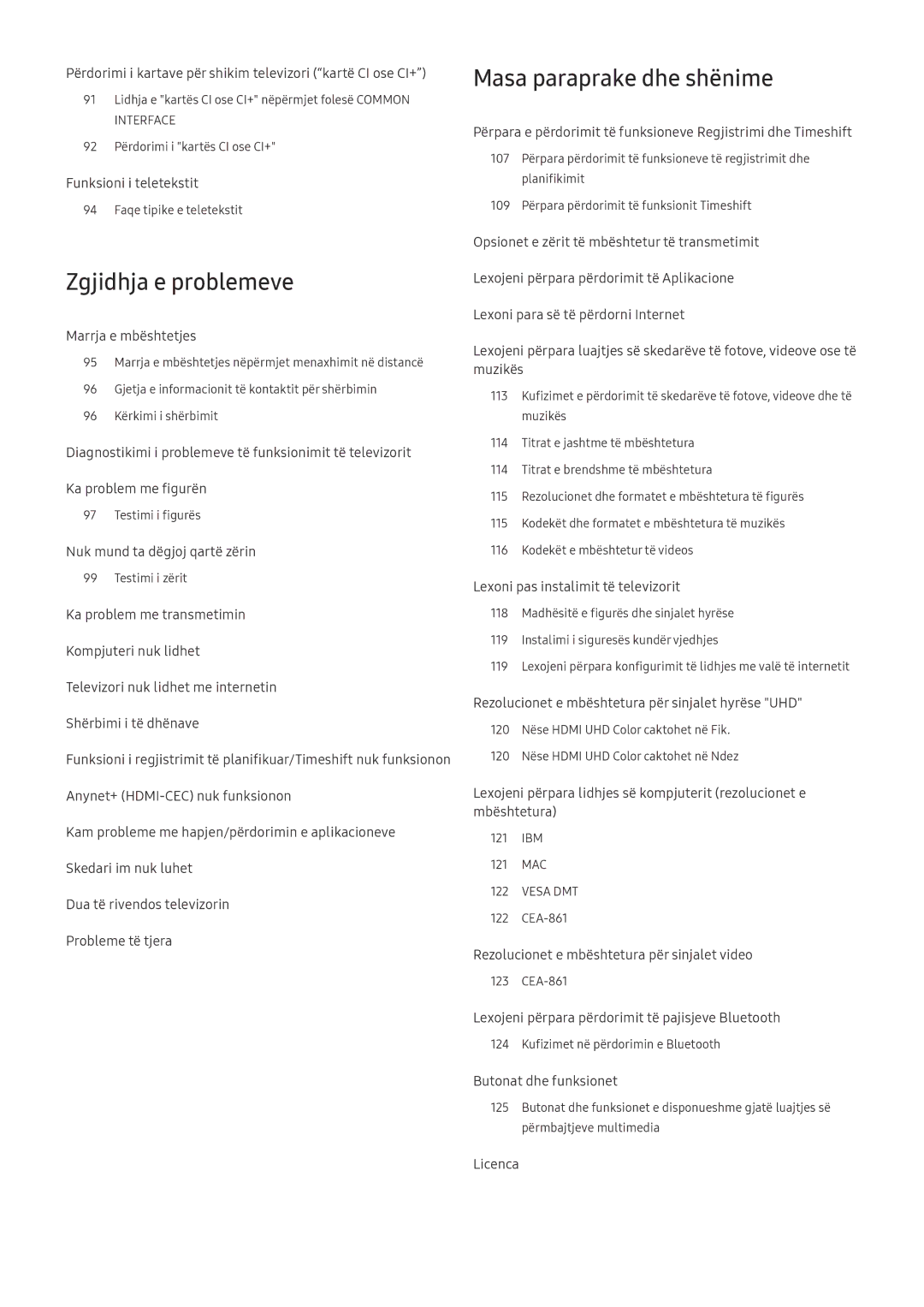 Samsung UE65MU6122KXXH, UE55MU7002TXXH, UE40MU6402UXXH, UE40MU6122KXXH Zgjidhja e problemeve, Masa paraprake dhe shënime 