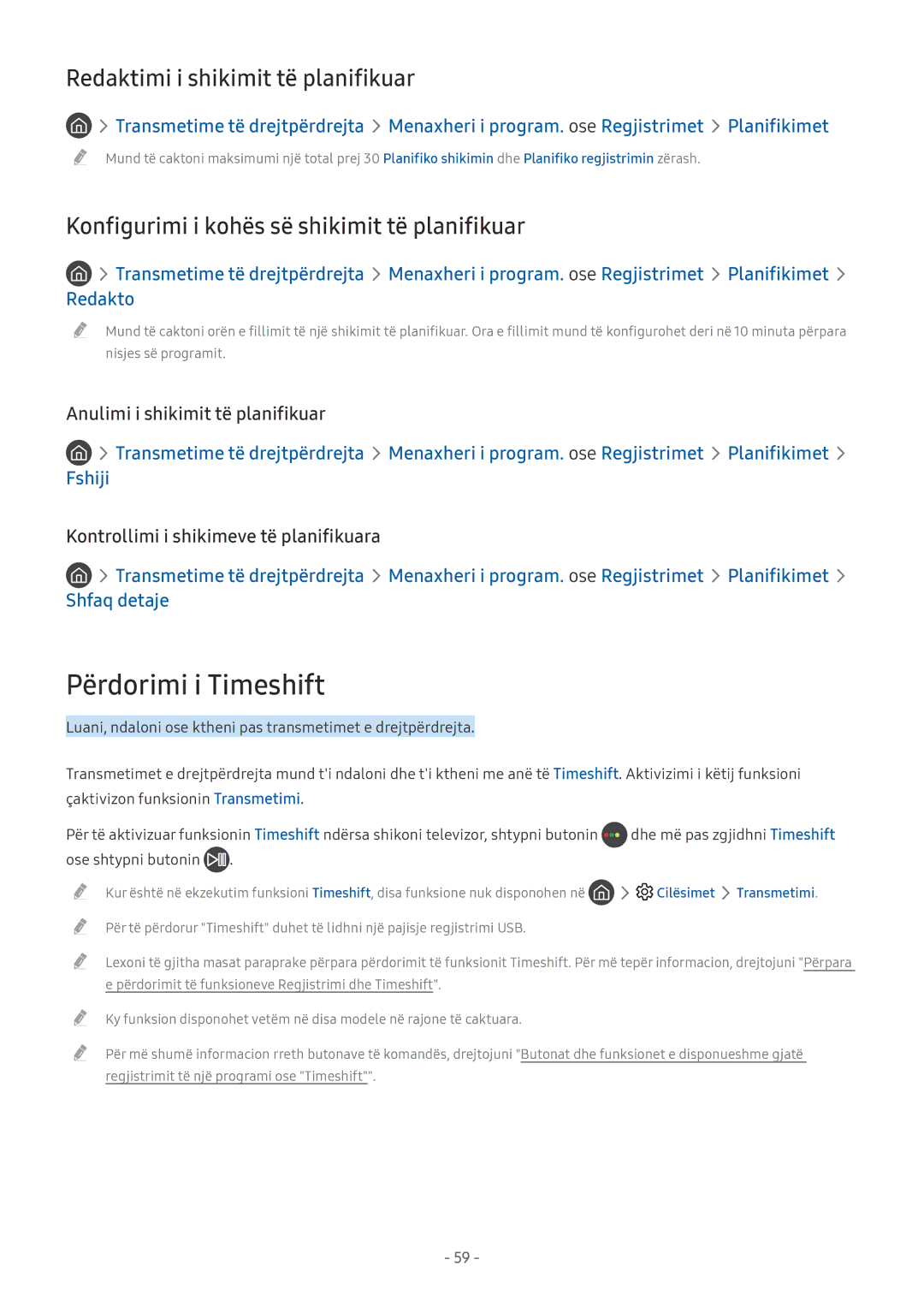 Samsung QE65Q7CAMTXXH manual Përdorimi i Timeshift, Redaktimi i shikimit të planifikuar, Anulimi i shikimit të planifikuar 