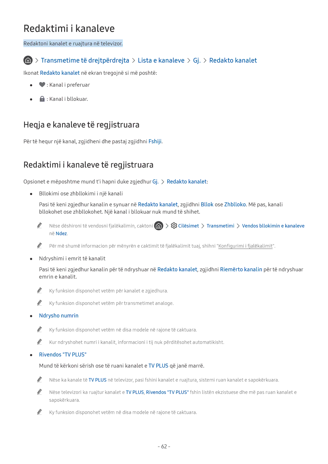 Samsung UE55MU6122KXXH manual Heqja e kanaleve të regjistruara, Redaktimi i kanaleve të regjistruara, Ndrysho numrin 