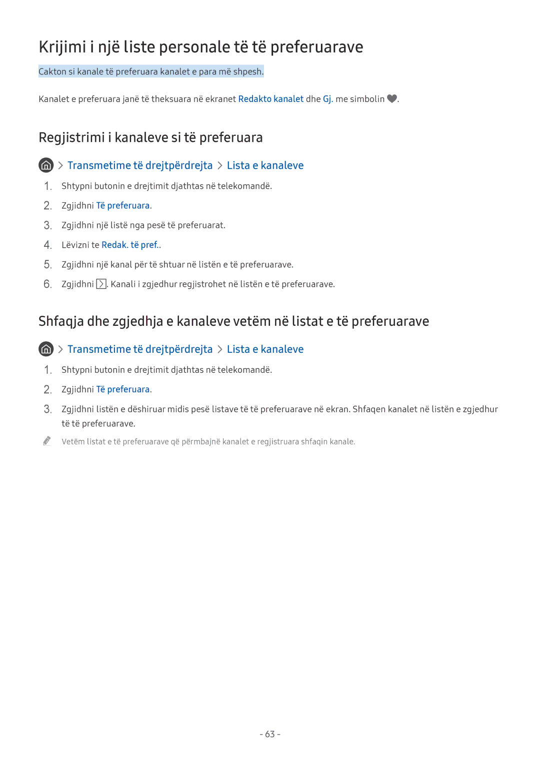 Samsung UE58MU6122KXXH manual Krijimi i një liste personale të të preferuarave, Regjistrimi i kanaleve si të preferuara 