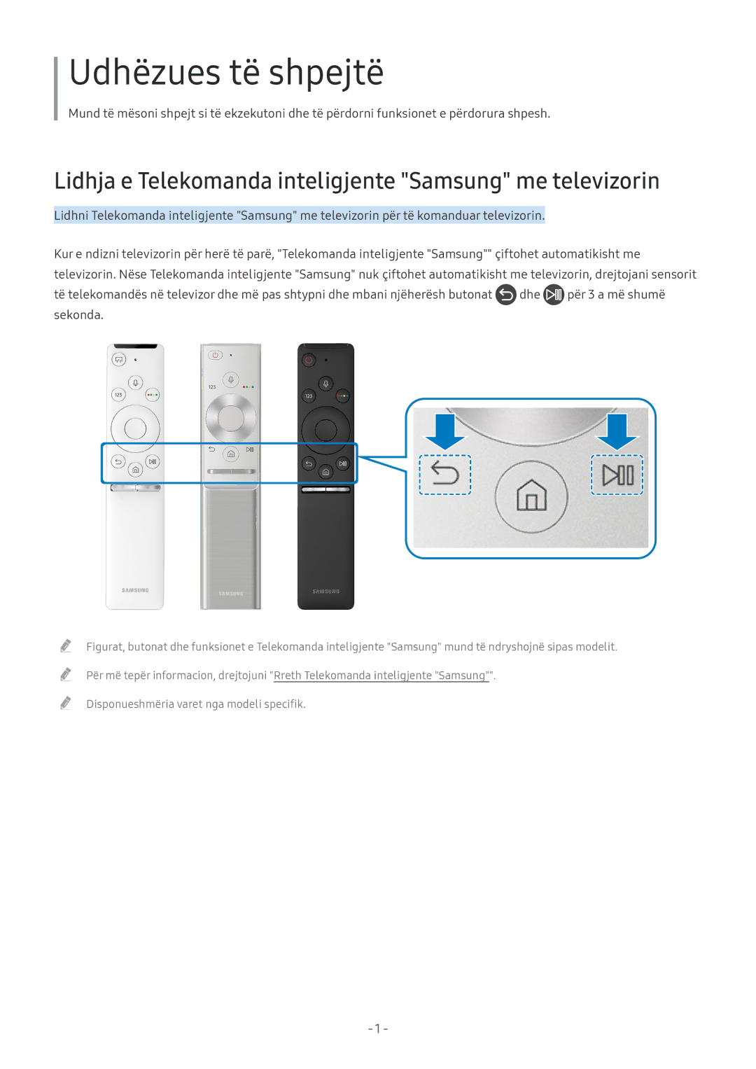 Samsung UE50MU6172UXXH, UE55MU7002TXXH manual Udhëzues të shpejtë, Lidhja e Telekomanda inteligjente Samsung me televizorin 